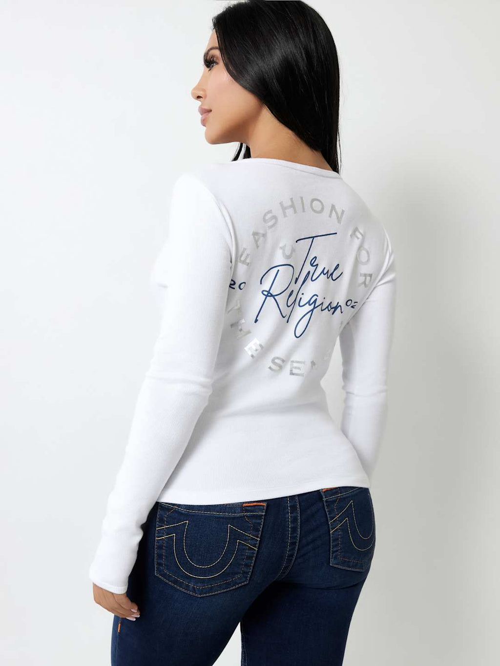 True Religion Crew LS Rib Raw Henley Optic White