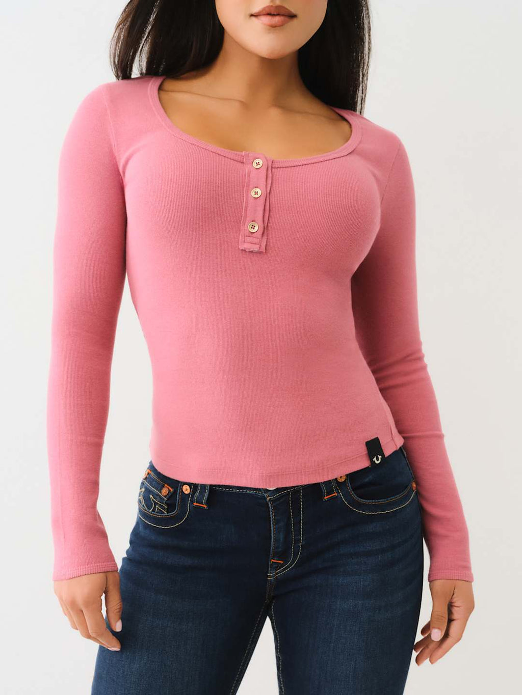 True Religion Crew LS Rib Raw Henley Mauvewood