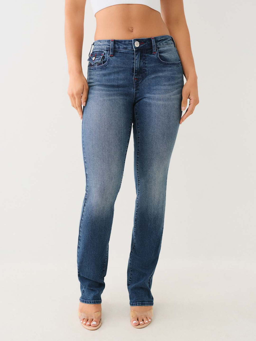 True Religion Jean Ladies Billie SN MR Flap Straight Medium Blizzard Wash