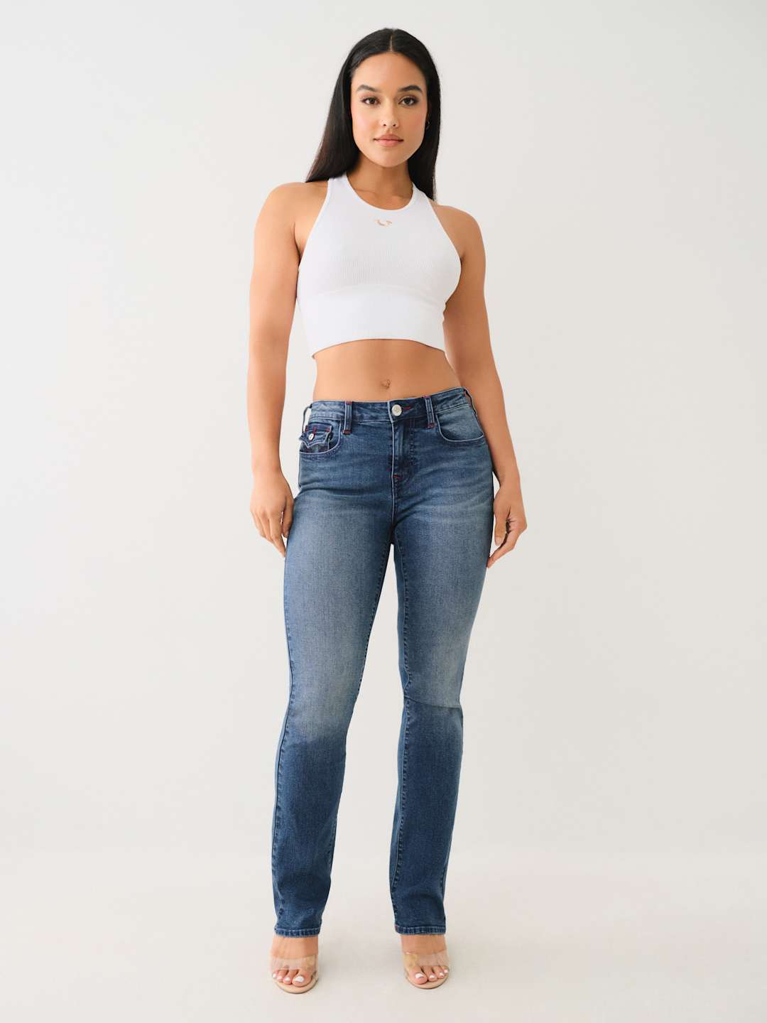 True Religion Jean Ladies Billie SN MR Flap Straight Medium Blizzard Wash