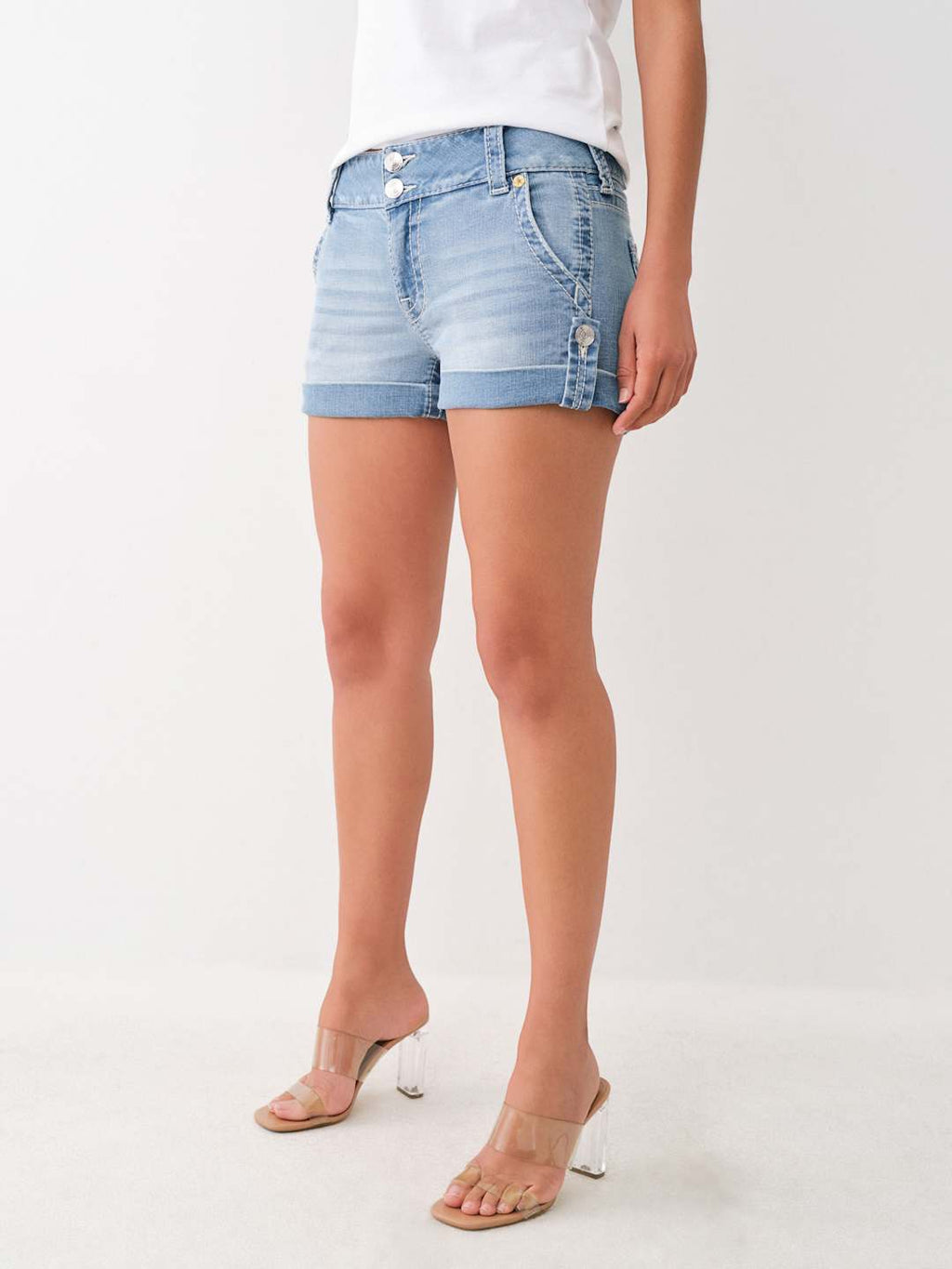 True Religion Sammy Shorts Mid Rise Big T Light Wash