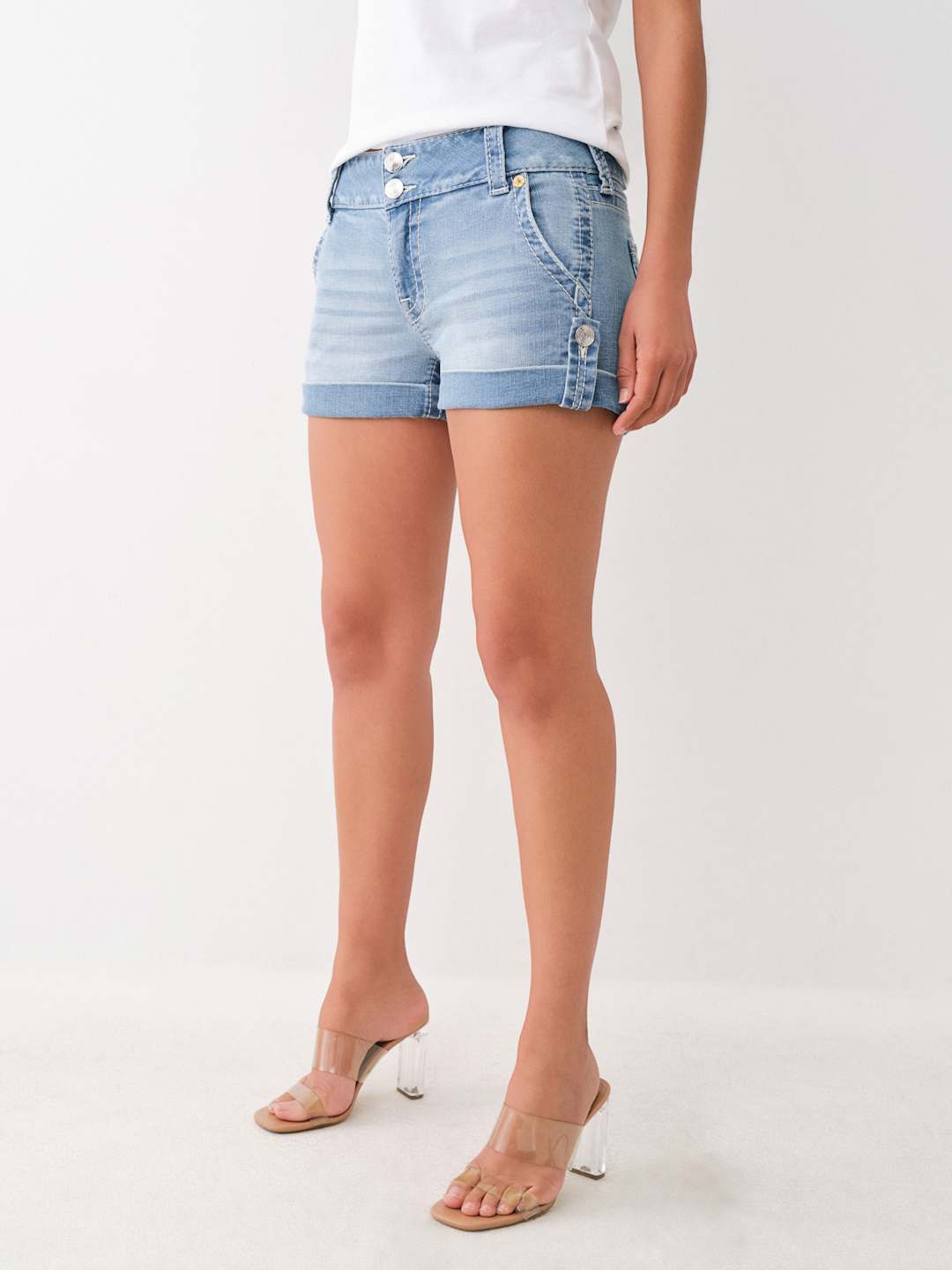 True Religion Sammy Shorts Mid Rise Big T Light Wash