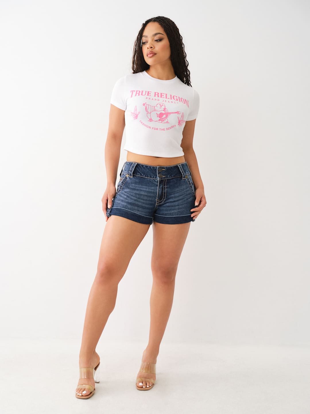 True Religion Sammy Shorts Mid Rise Big T Medium Wash