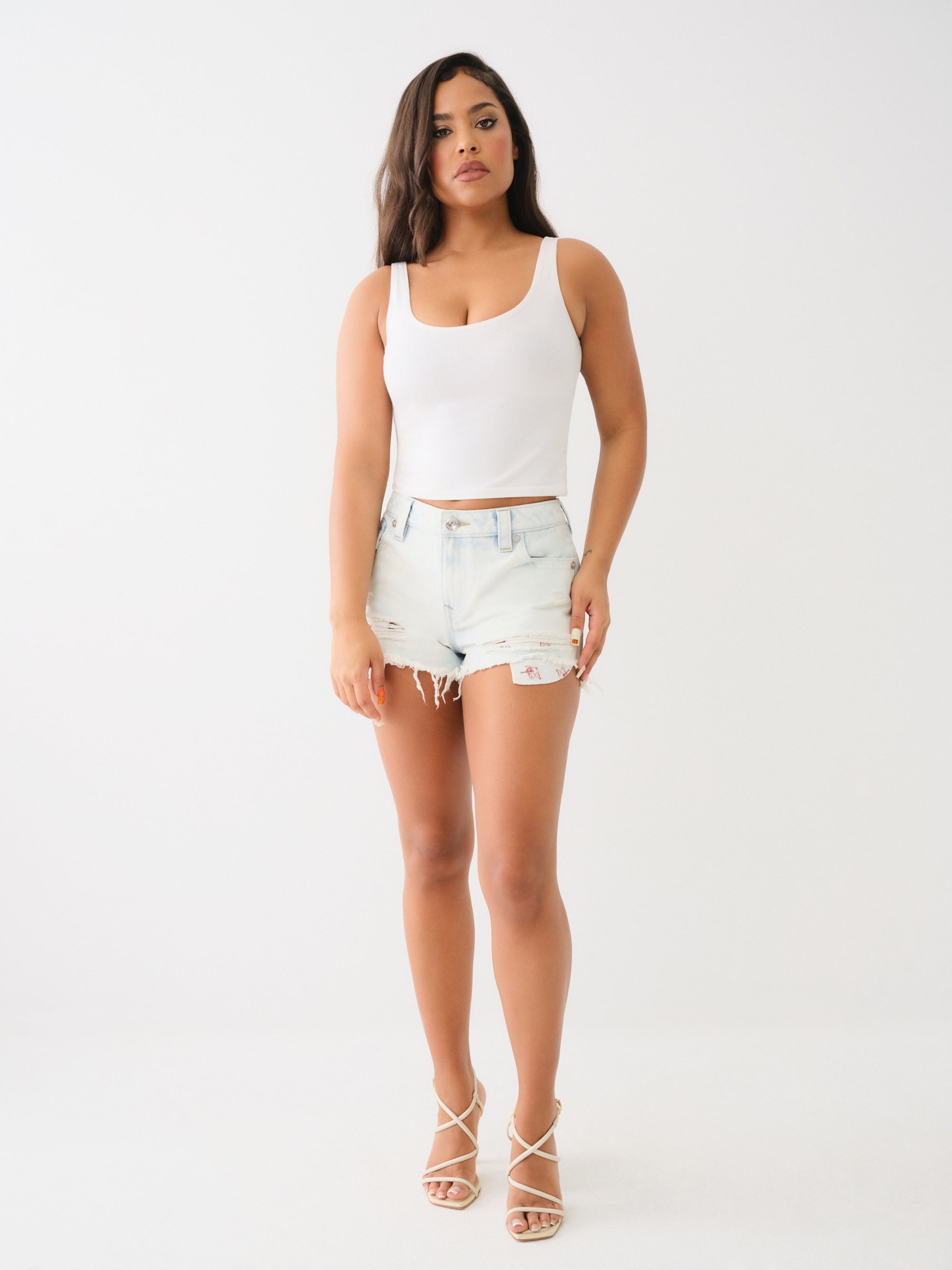 True Religion Mid Rise Shorts Booty Gal Destroyed