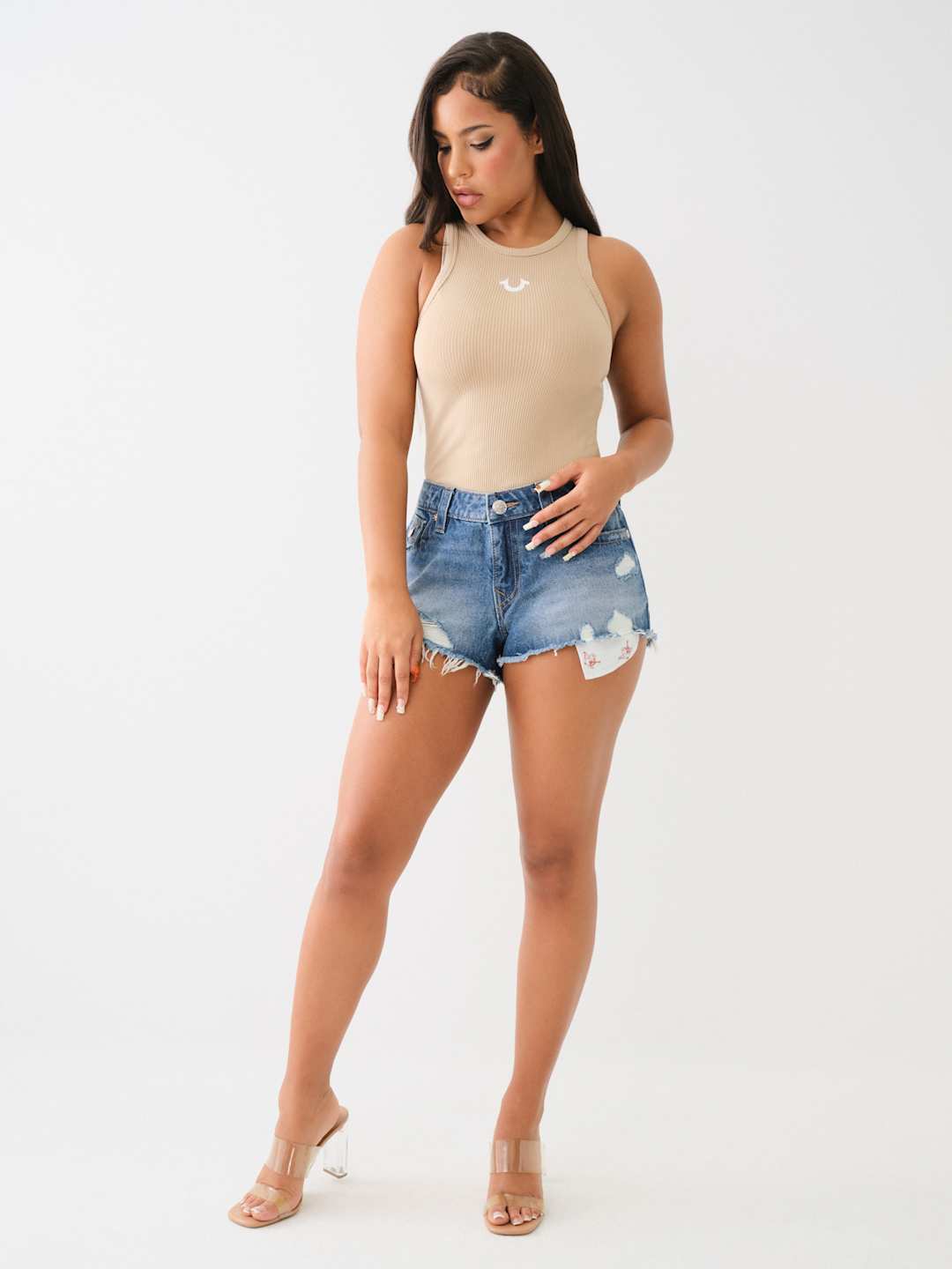 True Religion Shorts Mid Rise Booty Anaspos Destroy White