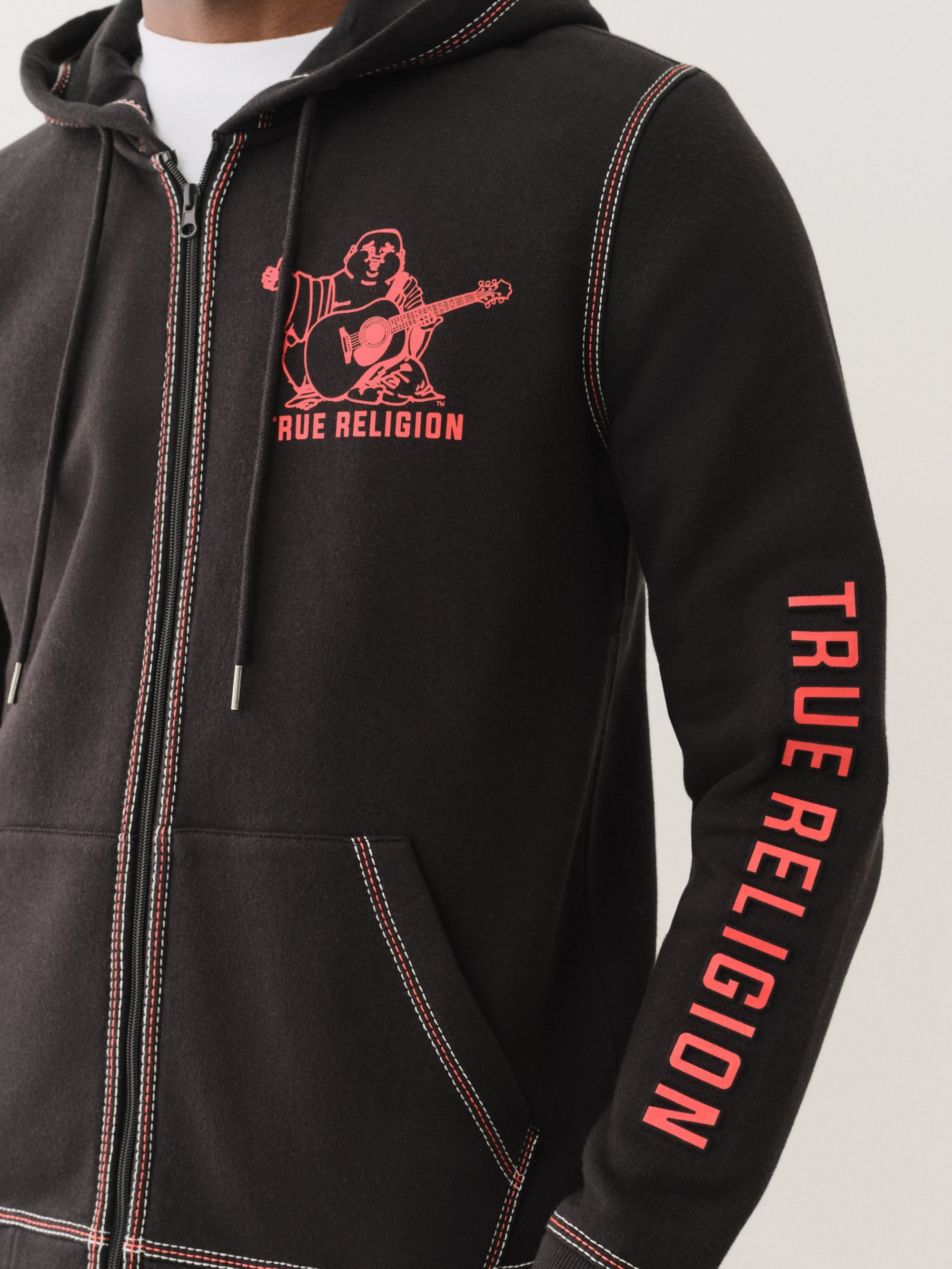 True Religion Embossed Triple Zip Hoodie Jet Black