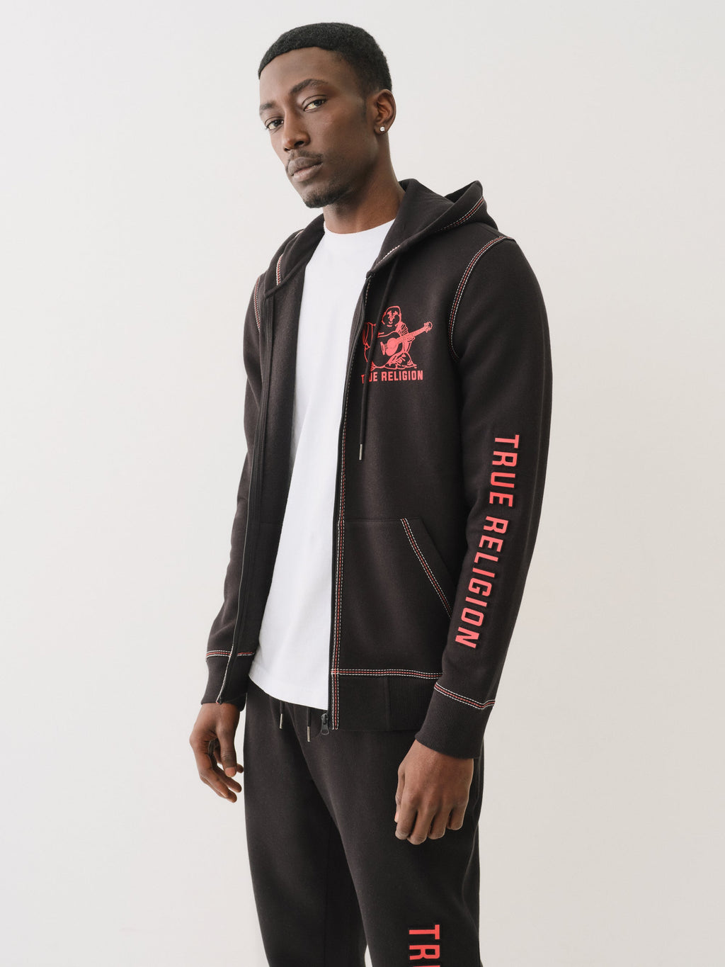 True Religion Embossed Triple Zip Hoodie Jet Black