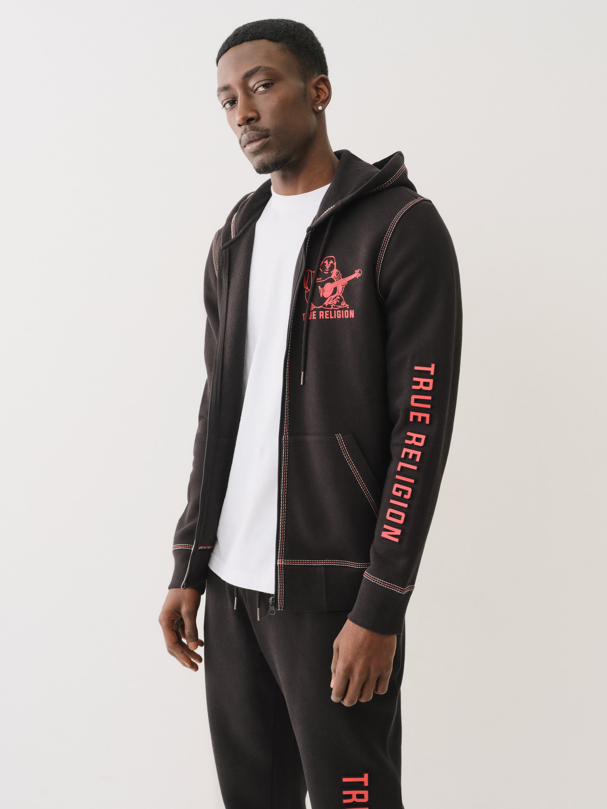 True Religion Embossed Triple Zip Hoodie Jet Black