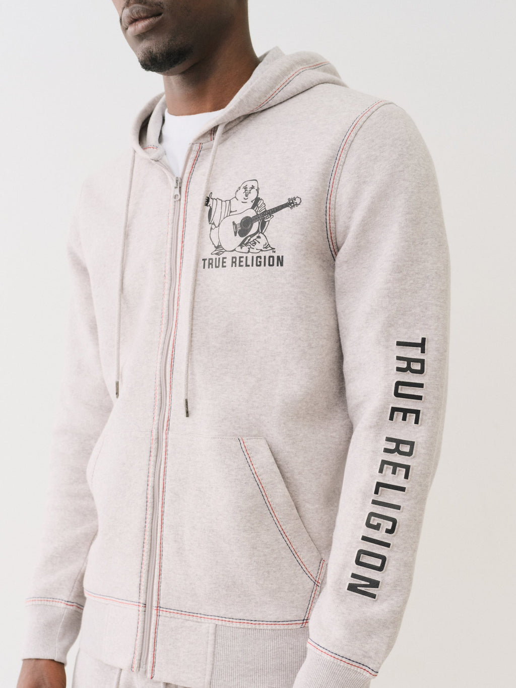 True Religion Embossed Triple Zip Hoodie Heather Grey