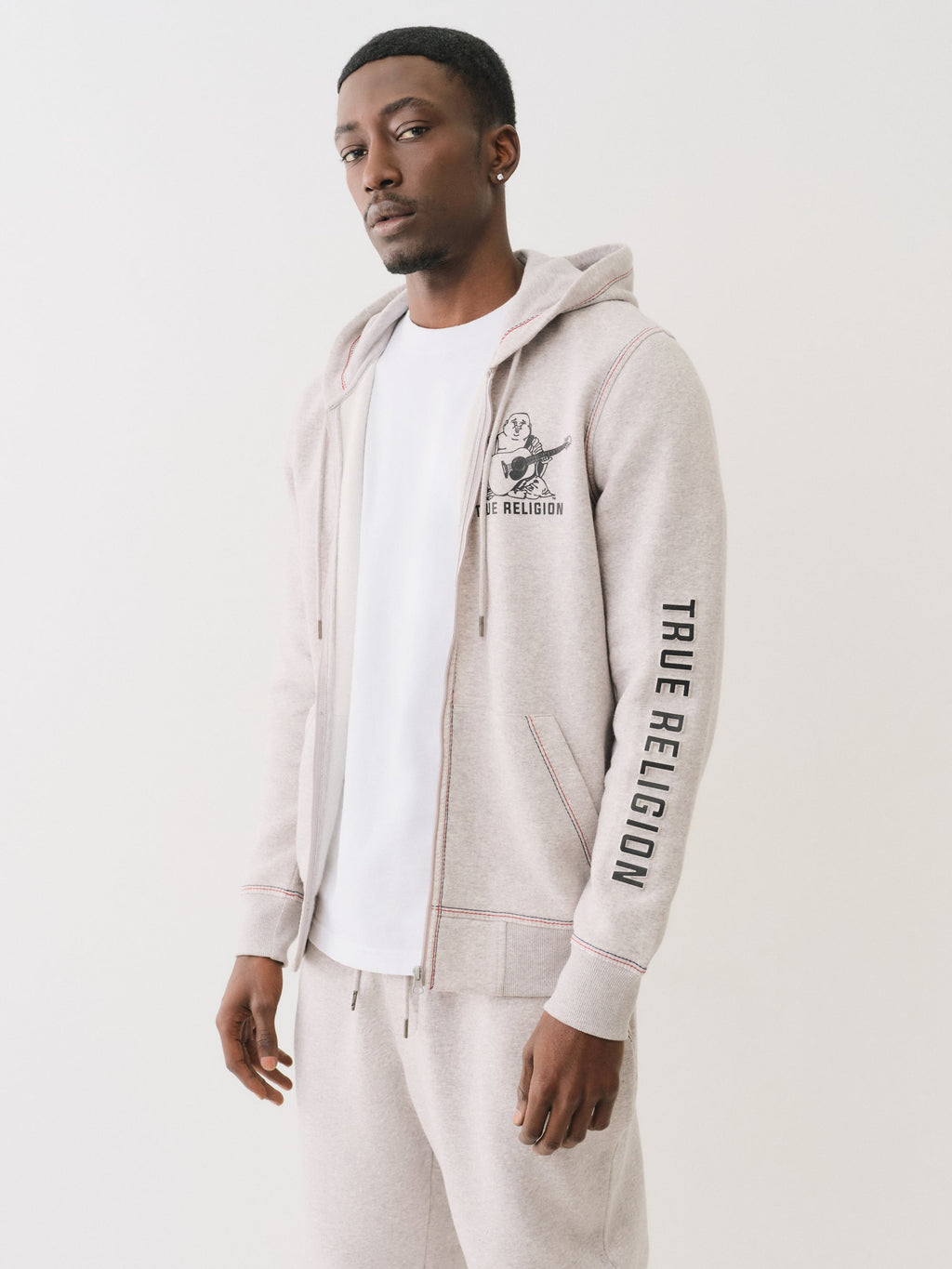 True Religion Embossed Triple Zip Hoodie Heather Grey