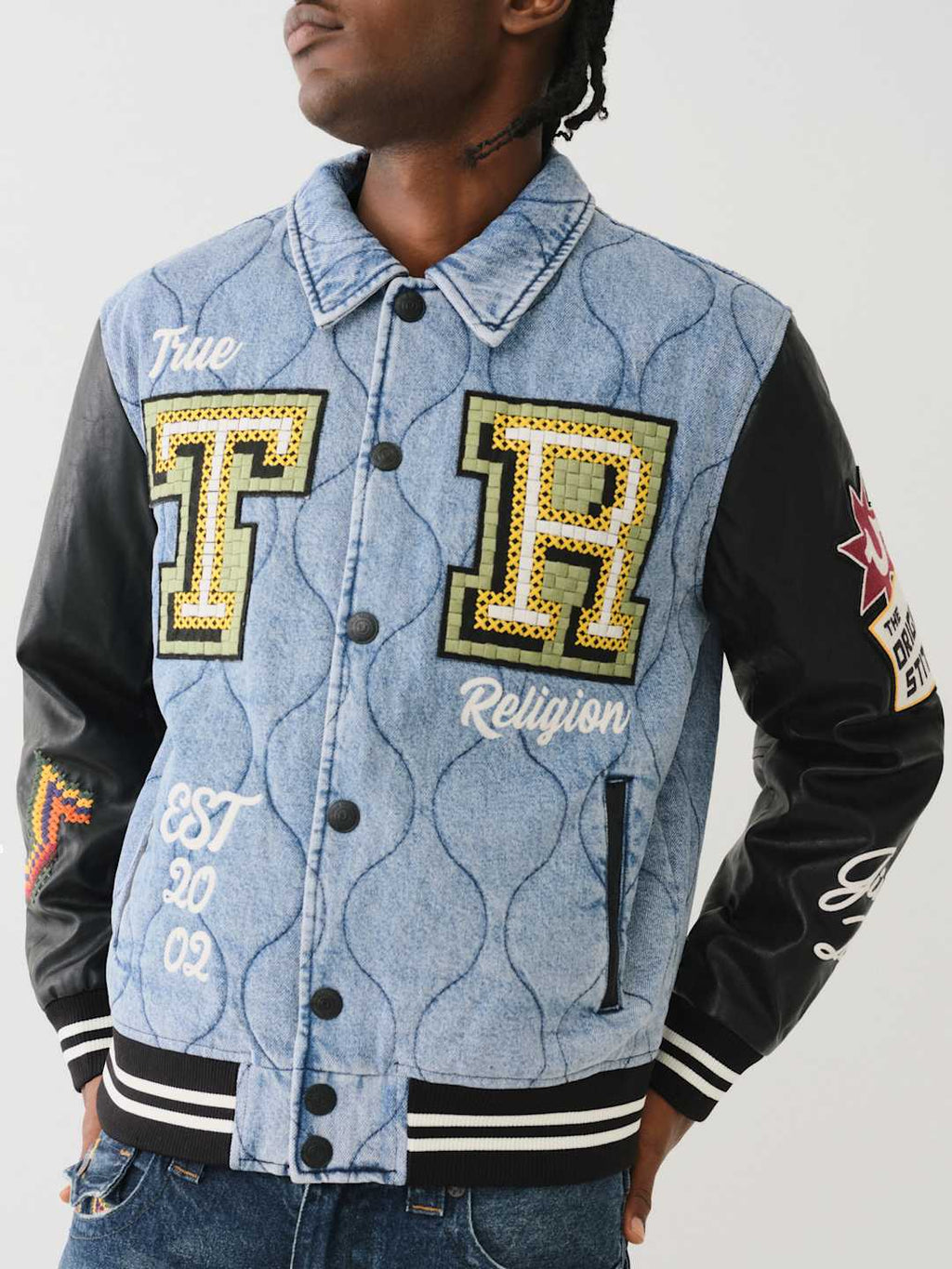 True Religion Varsity Jacket Quilted Denim Wild Bill-Jet Black