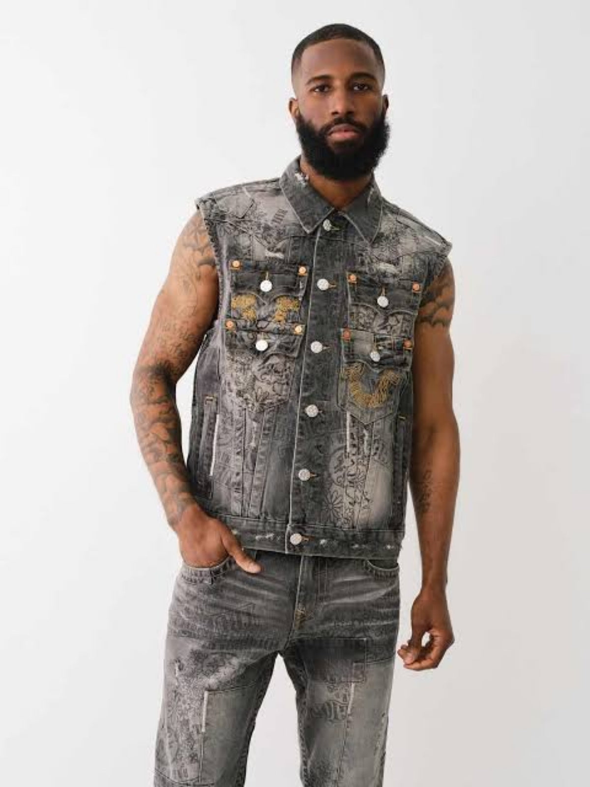True Religion Denim Pocket Vest Stack Rips Grey Wash