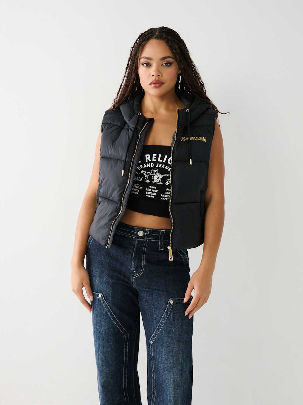 True Religion Jacket Ladies Foil Puffer Vest Jet Black
