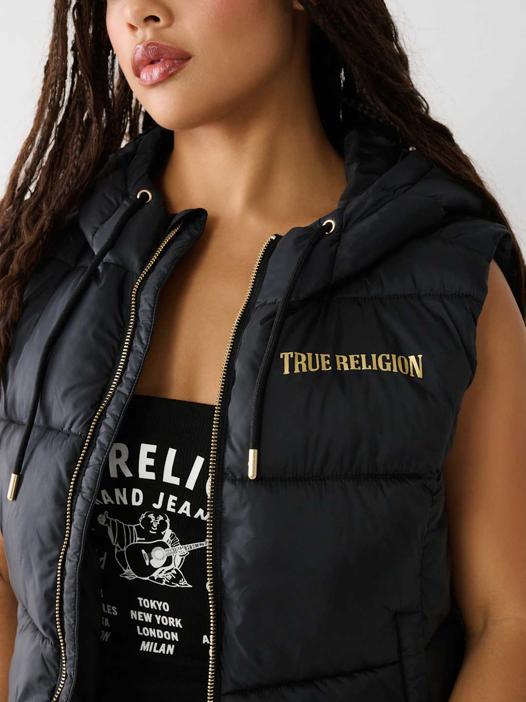 True Religion Jacket Ladies Foil Puffer Vest Jet Black