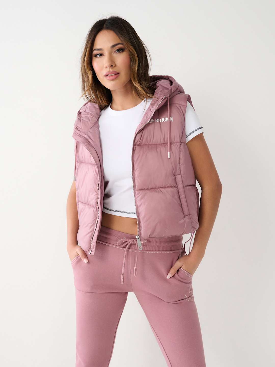 True Religion Jacket Ladies Foil Puffer Vest Wistful Mauve
