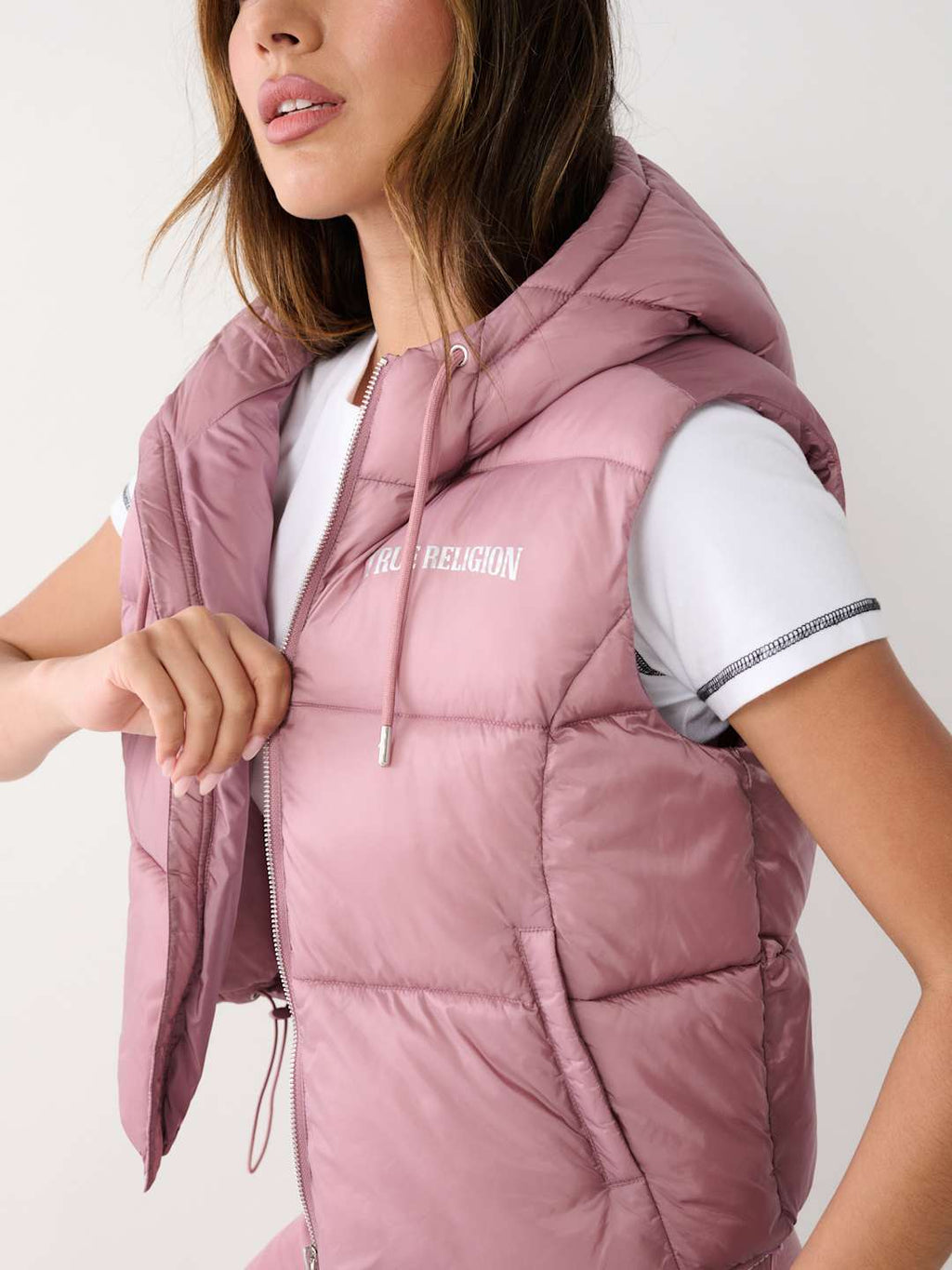 True Religion Jacket Ladies Foil Puffer Vest Wistful Mauve