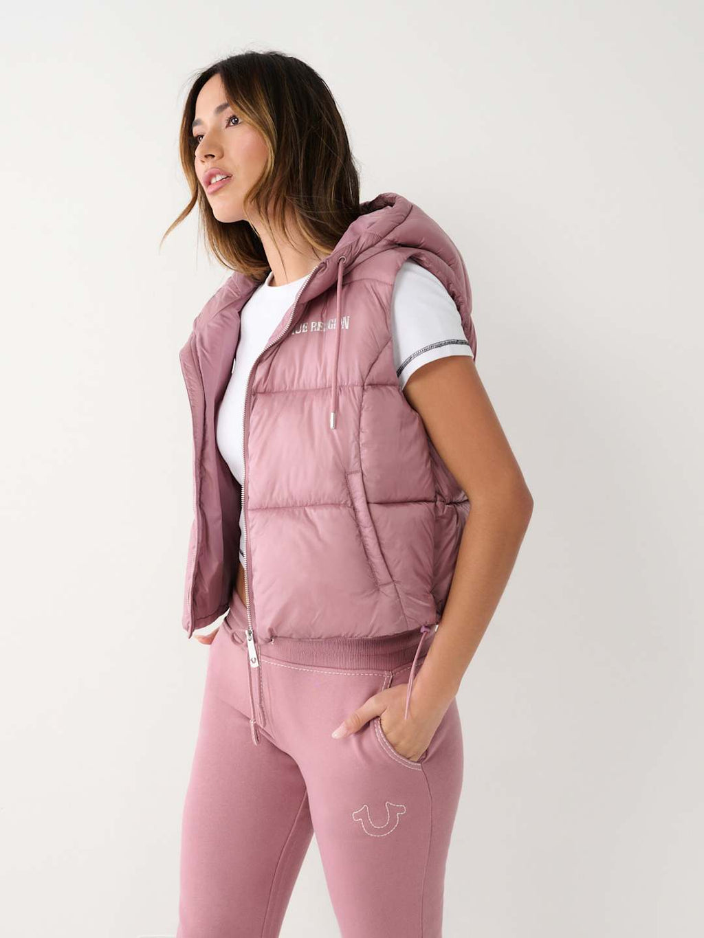 True Religion Jacket Ladies Foil Puffer Vest Wistful Mauve
