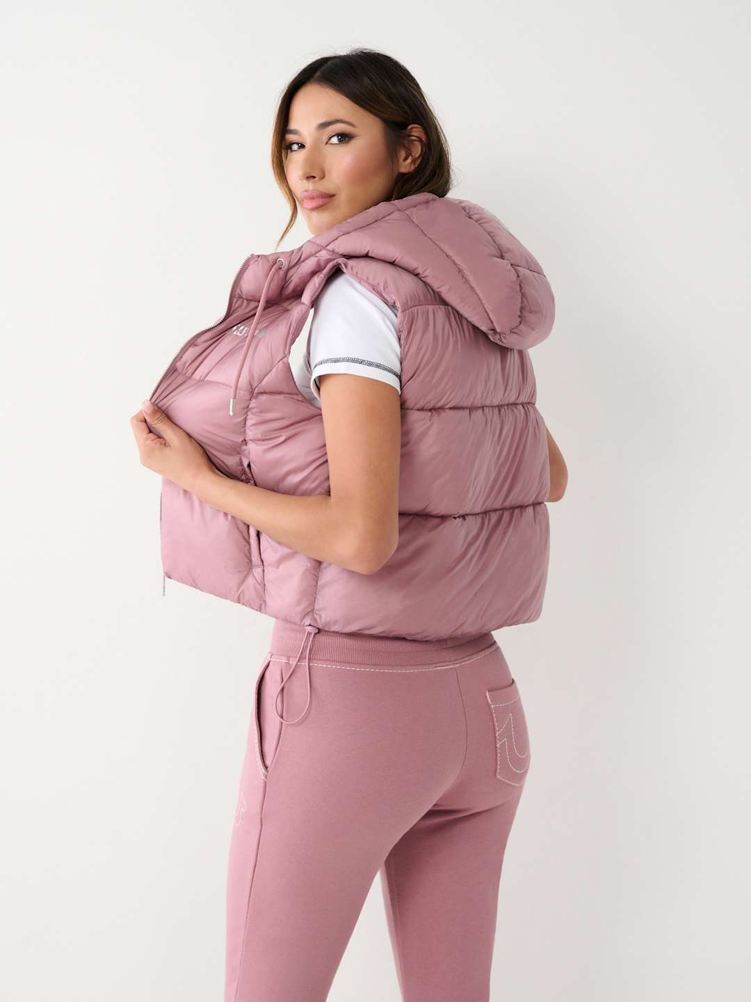 True Religion Jacket Ladies Foil Puffer Vest Wistful Mauve
