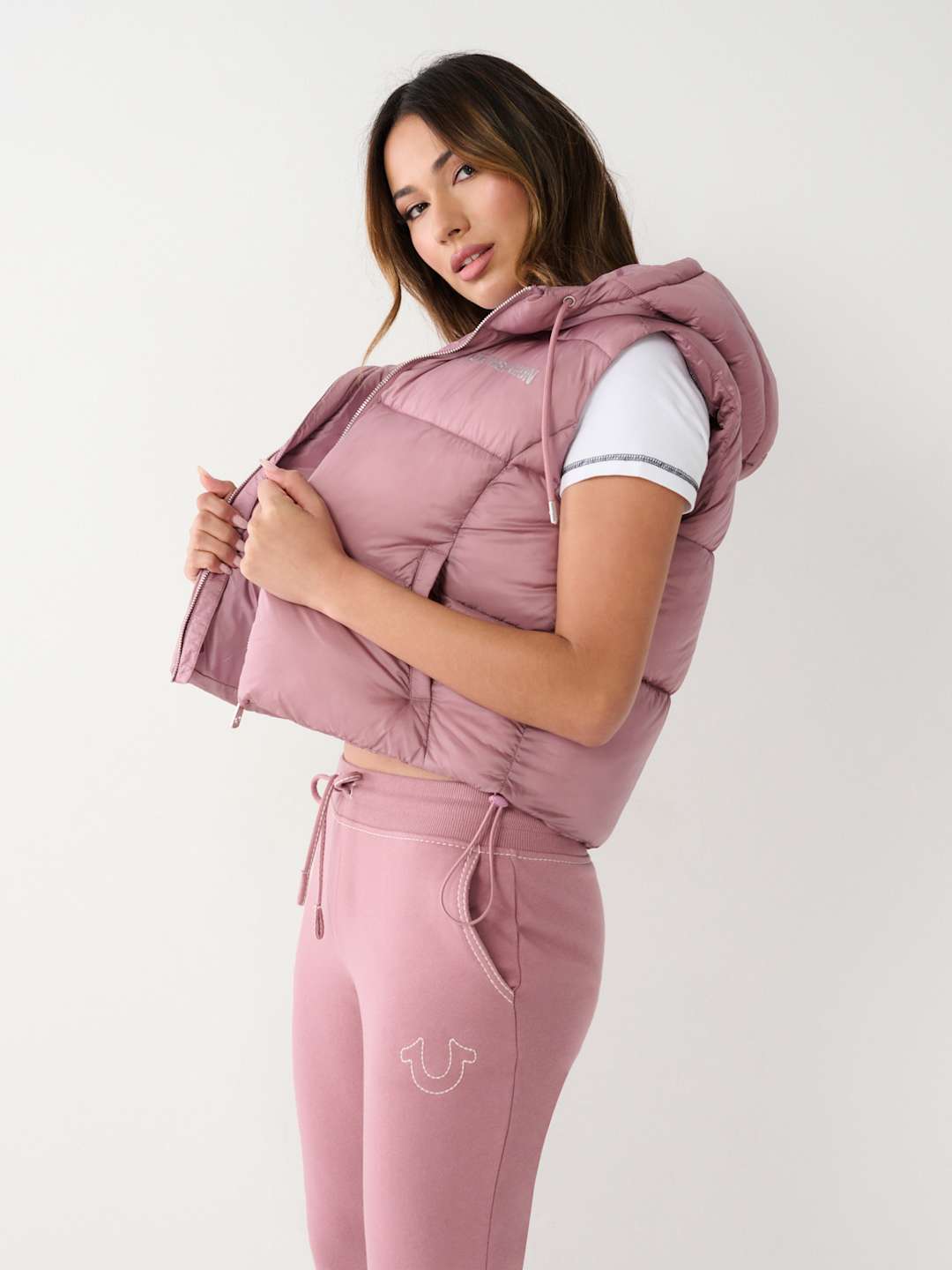 True Religion Jacket Ladies Foil Puffer Vest Wistful Mauve