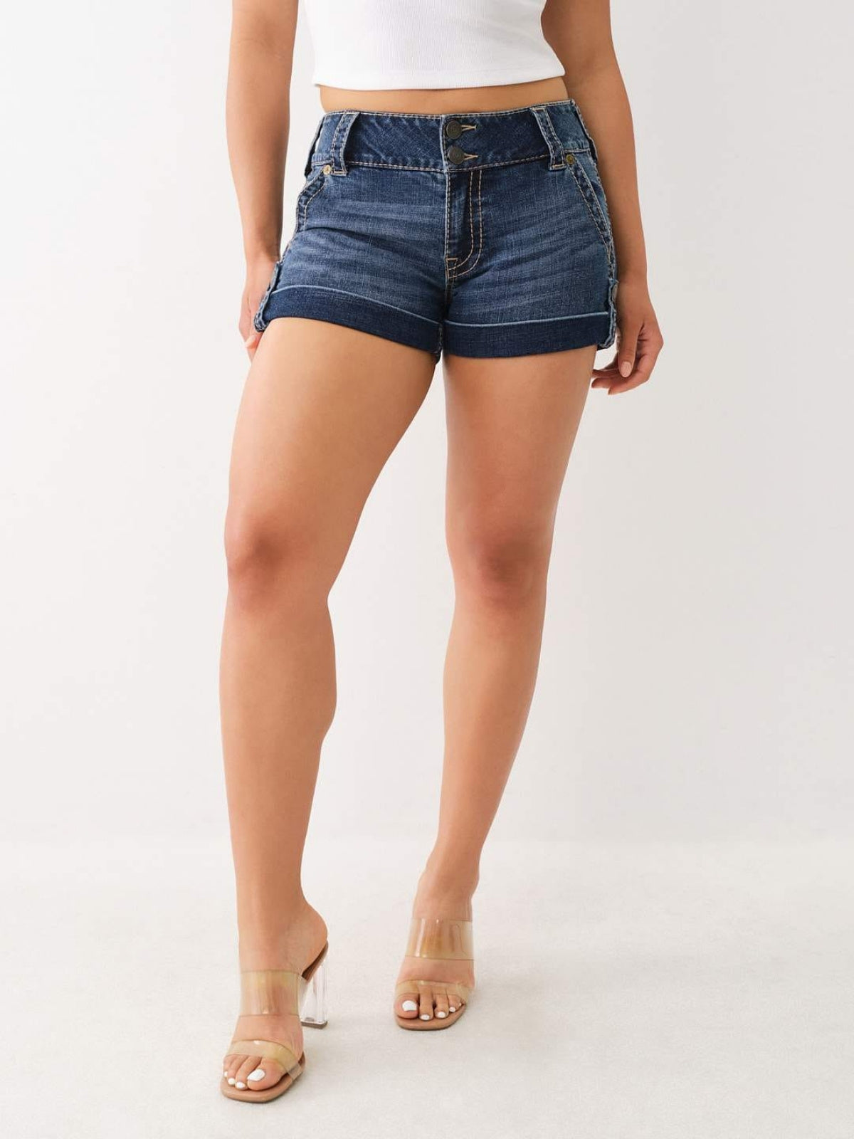 True Religion Sammy Shorts Mid Rise Big T Medium Wash