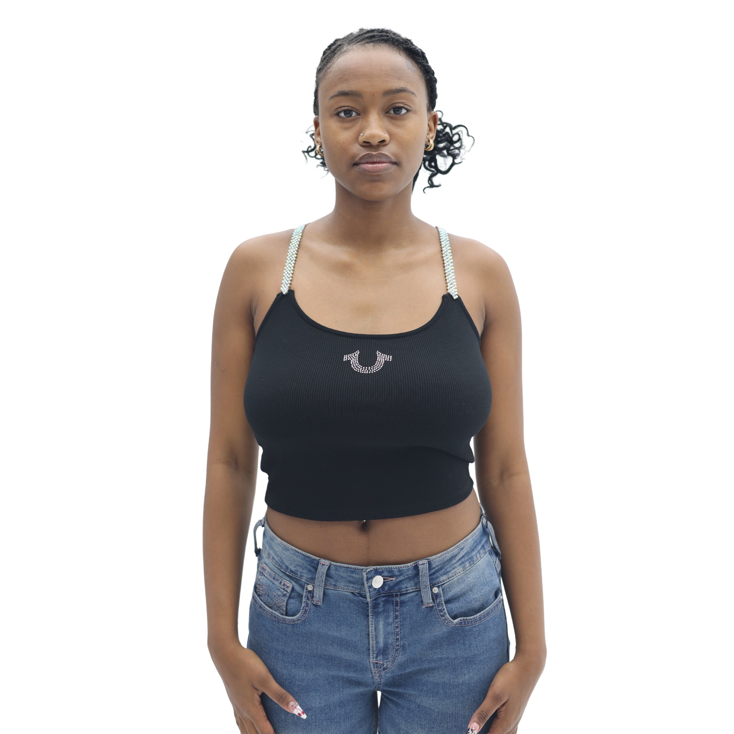 TRUE RELIGION CRYSTAL STRAP RIB TOP JET BLACK