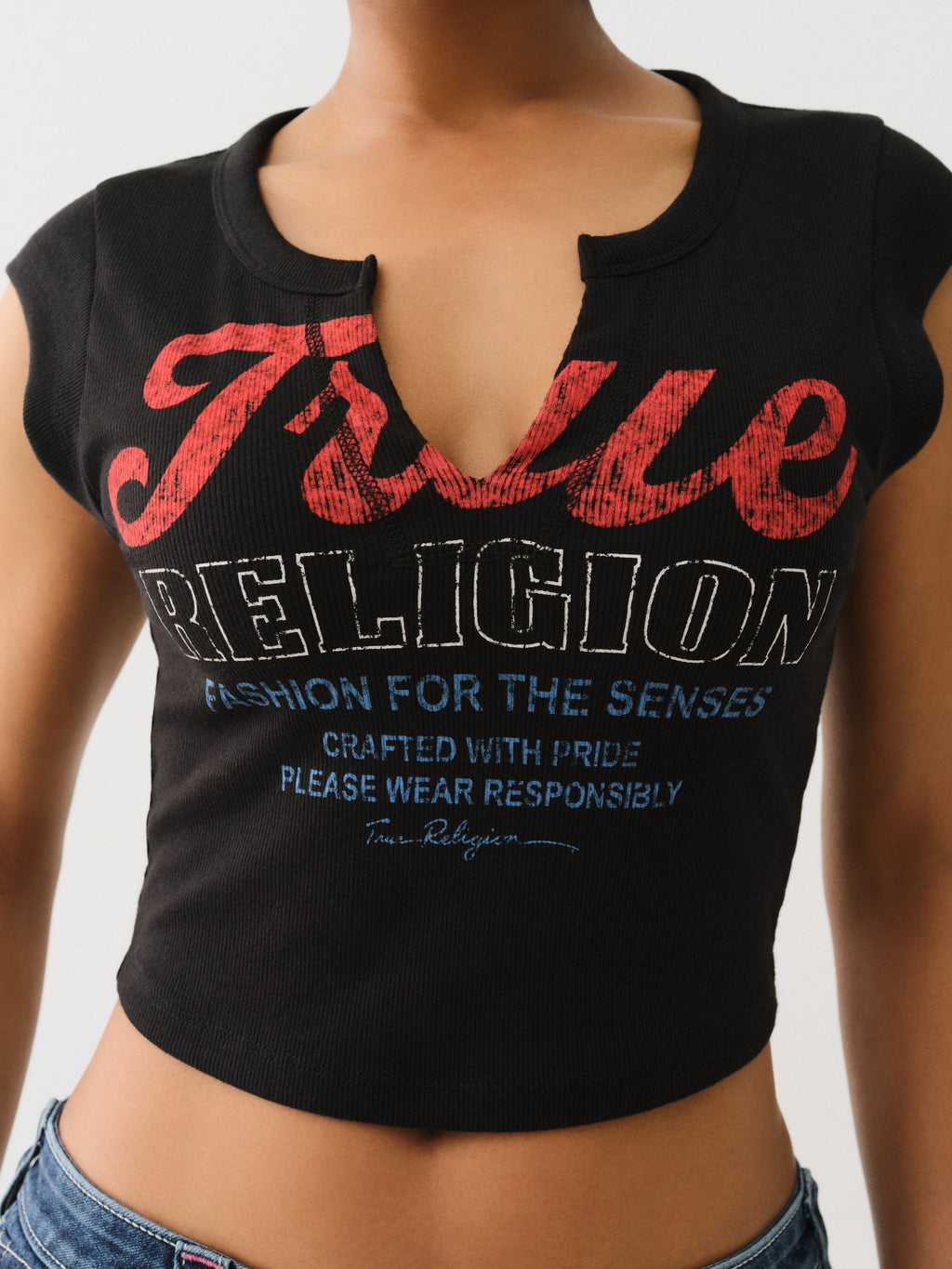 True Religion Vintage Tr V Notch Rib Top Jet Black