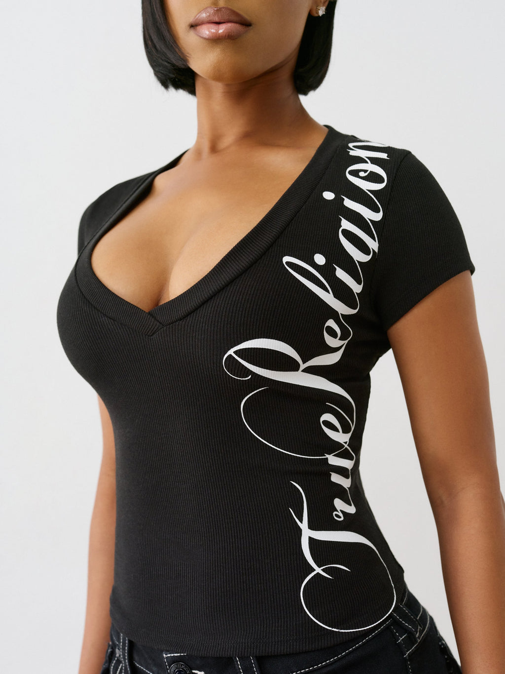 True Religion Rib Cap Sleeve V Neck Top Jet Black