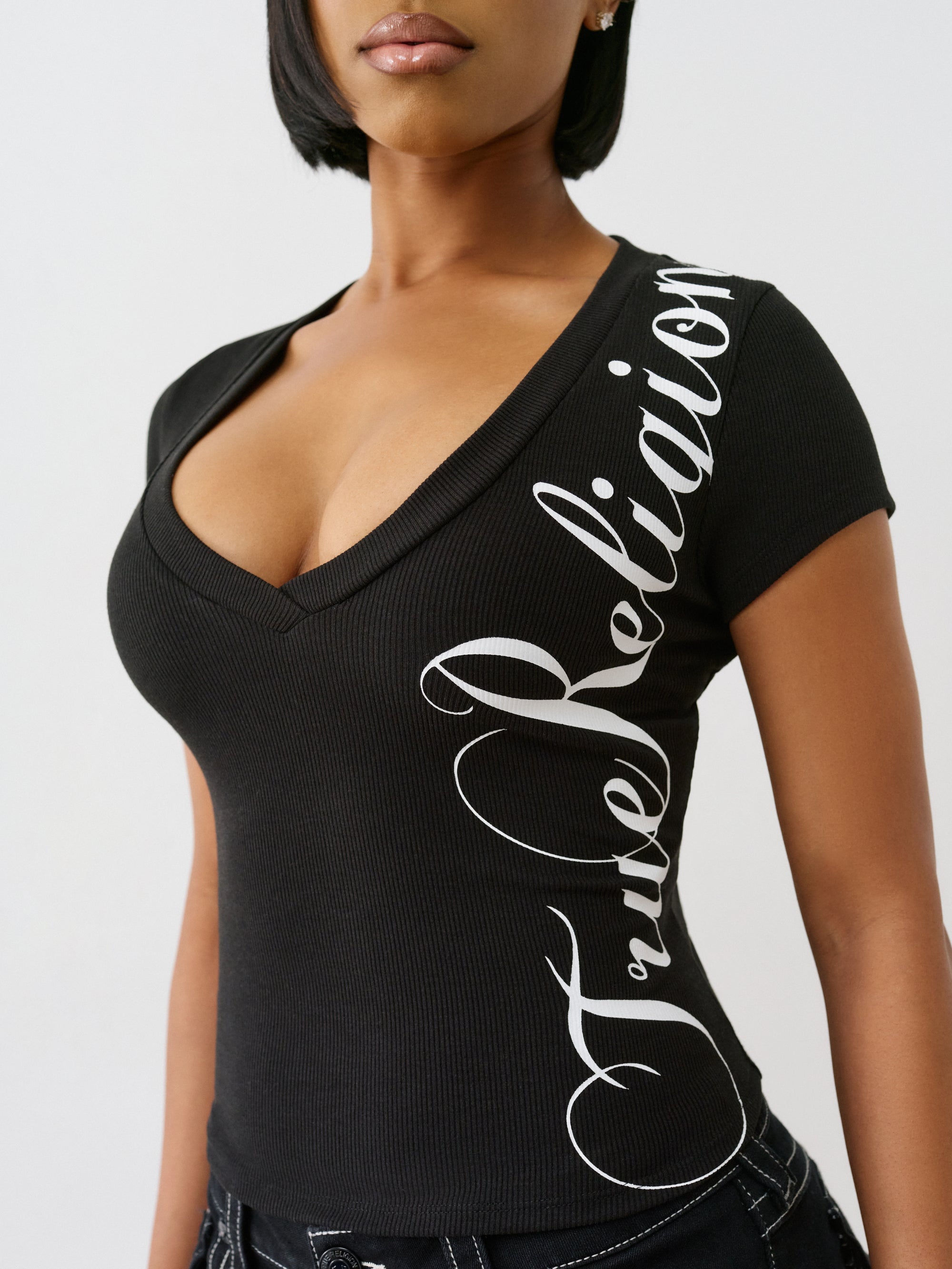 True Religion Rib Cap Sleeve V Neck Top Jet Black
