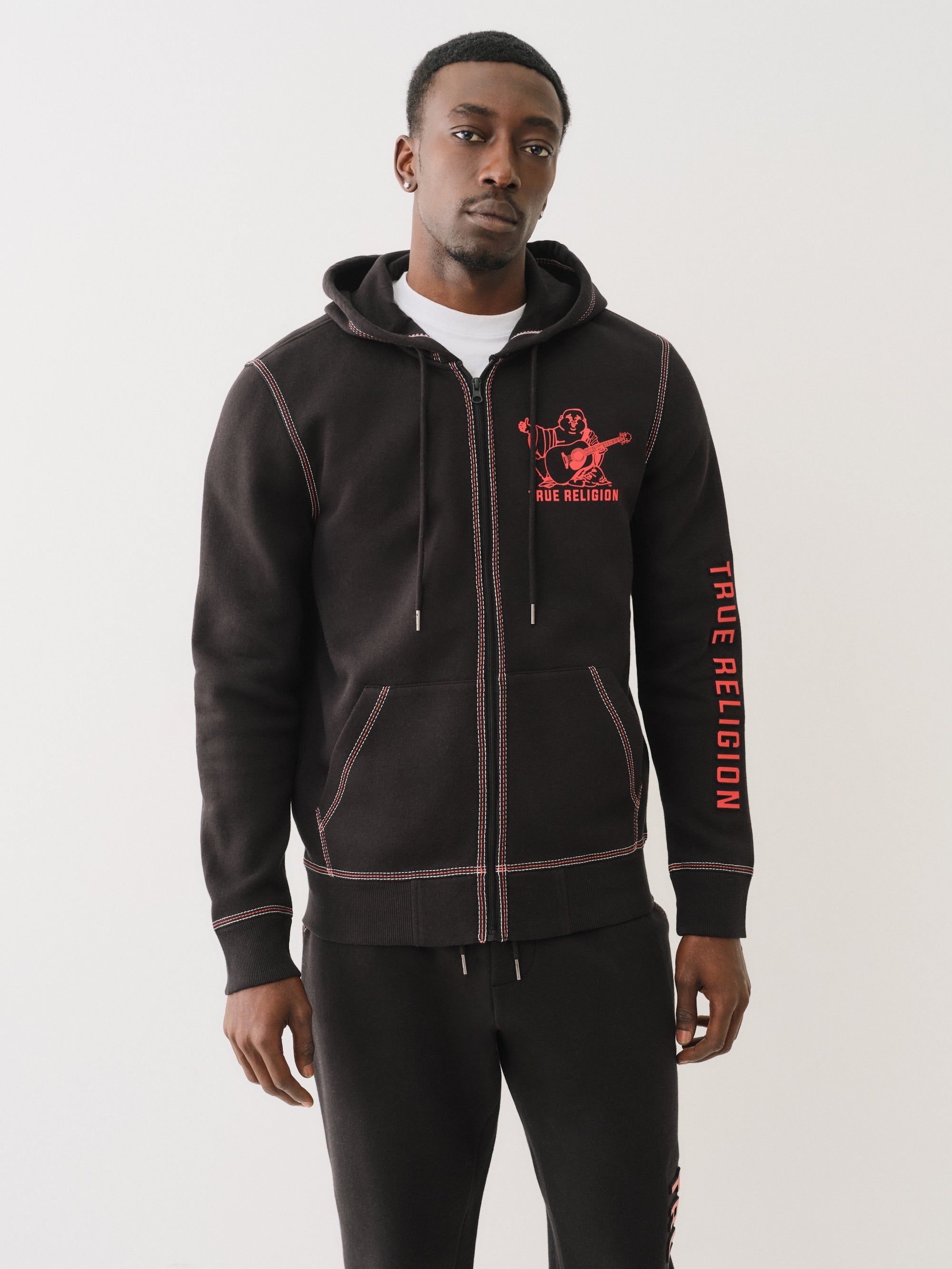 True Religion Embossed Triple Zip Hoodie Jet Black