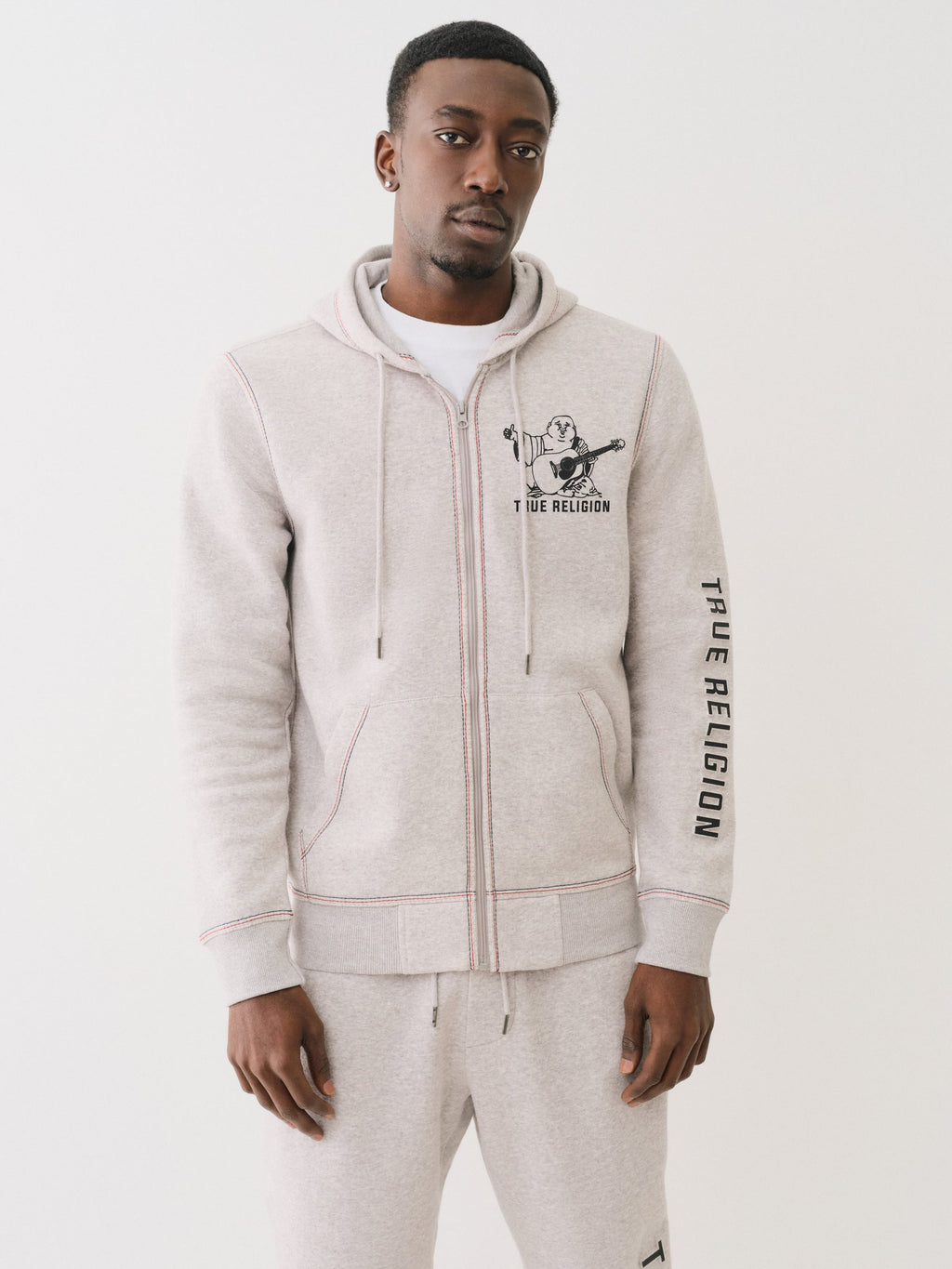 True Religion Embossed Triple Zip Hoodie Heather Grey