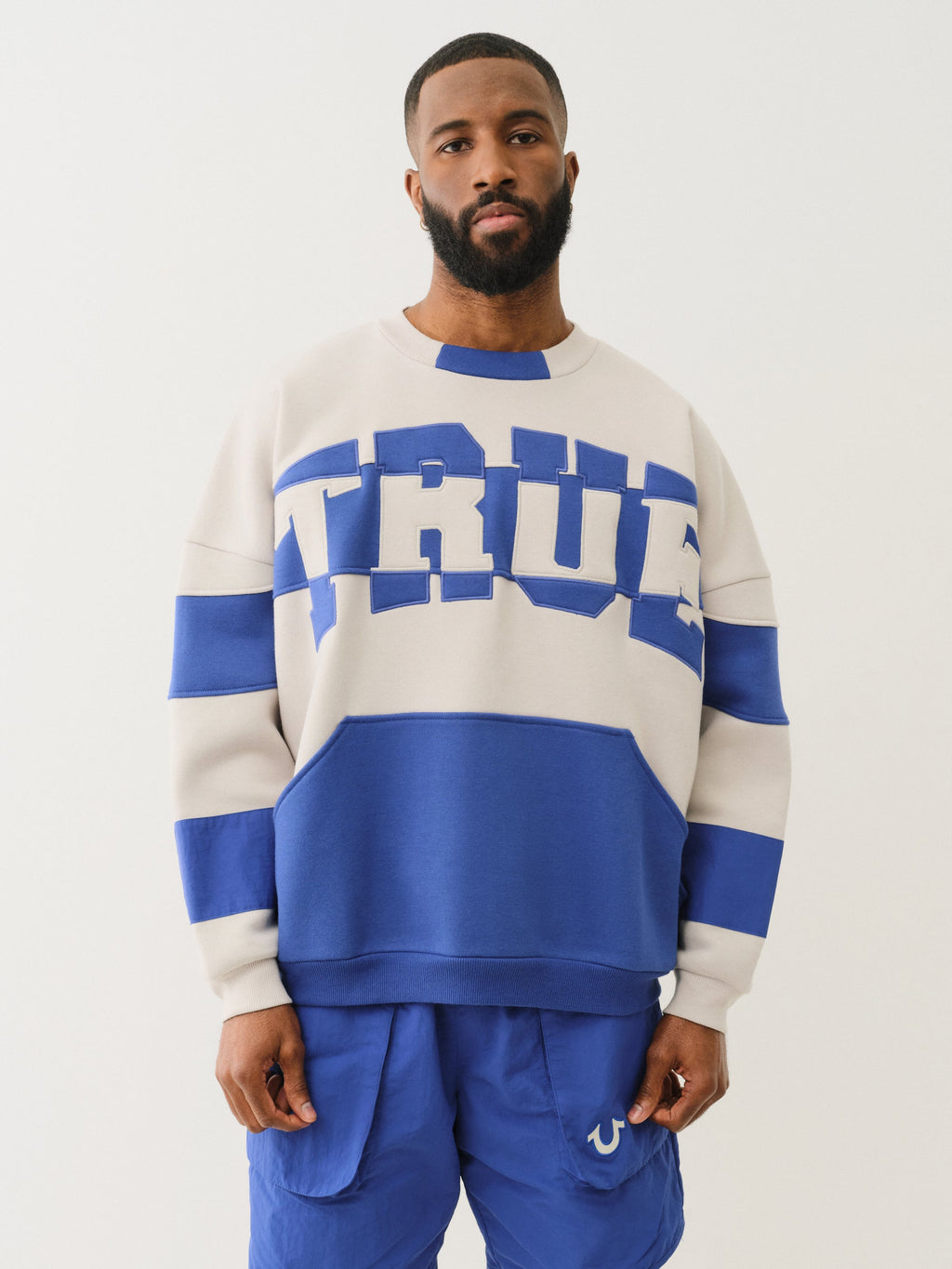 True Religion Curved Embro Sweatshirt Quiet Grey / Mazarine Blue