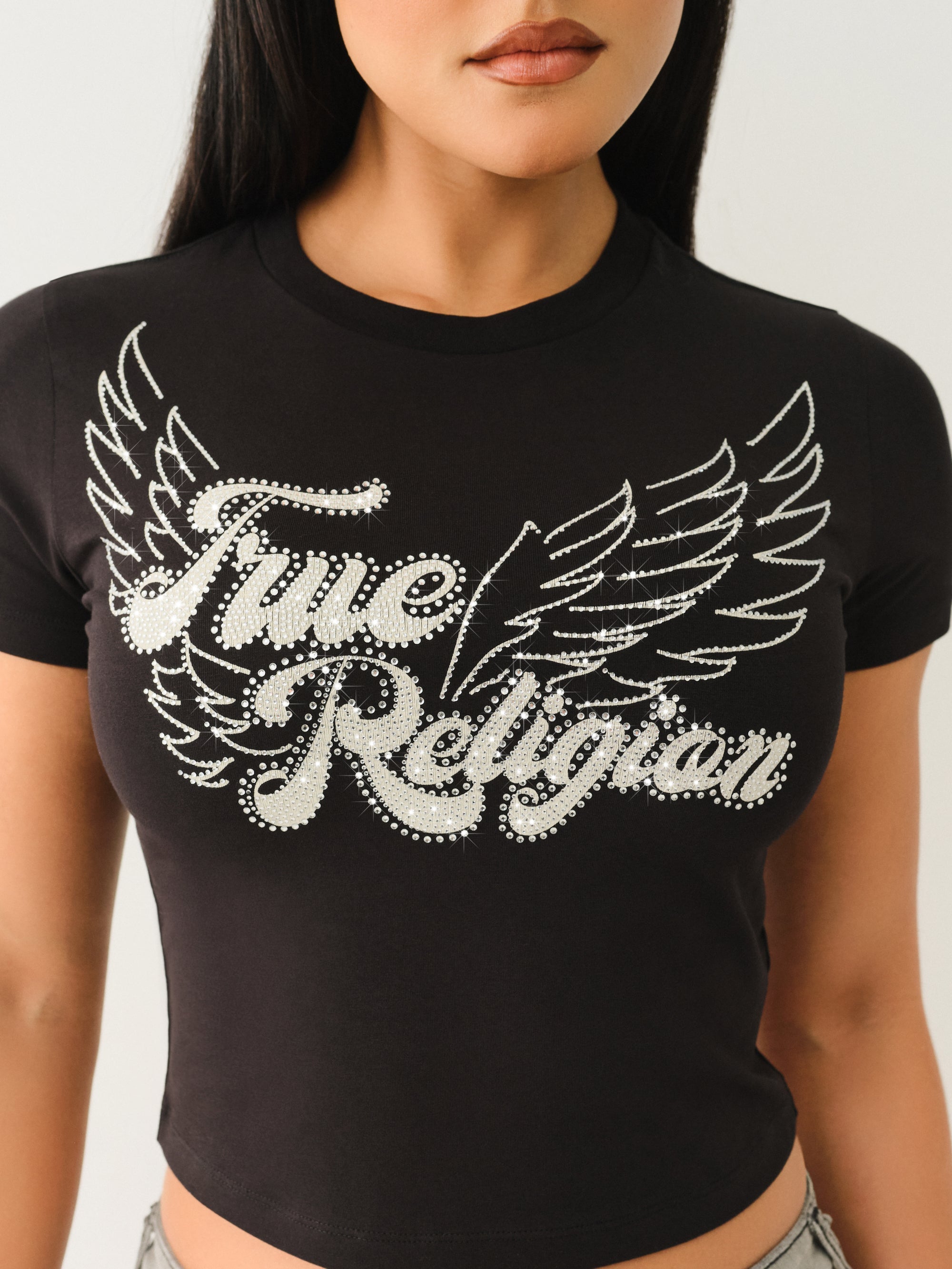 True Religion Crystal Wing Ss Baby Tee Jet Black
