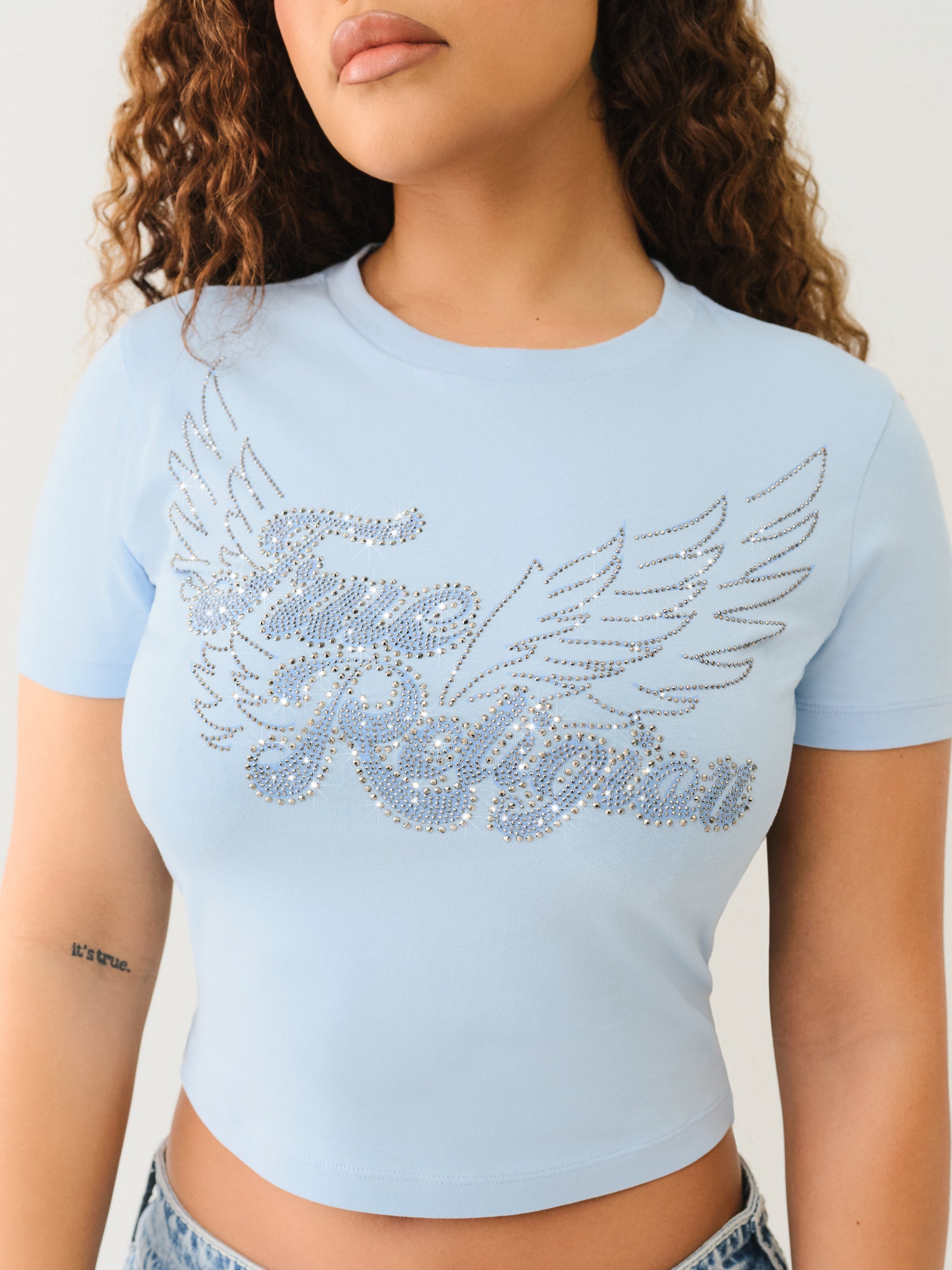 True Religion Crystal Wing Ss Baby Tee Cerulean Blue