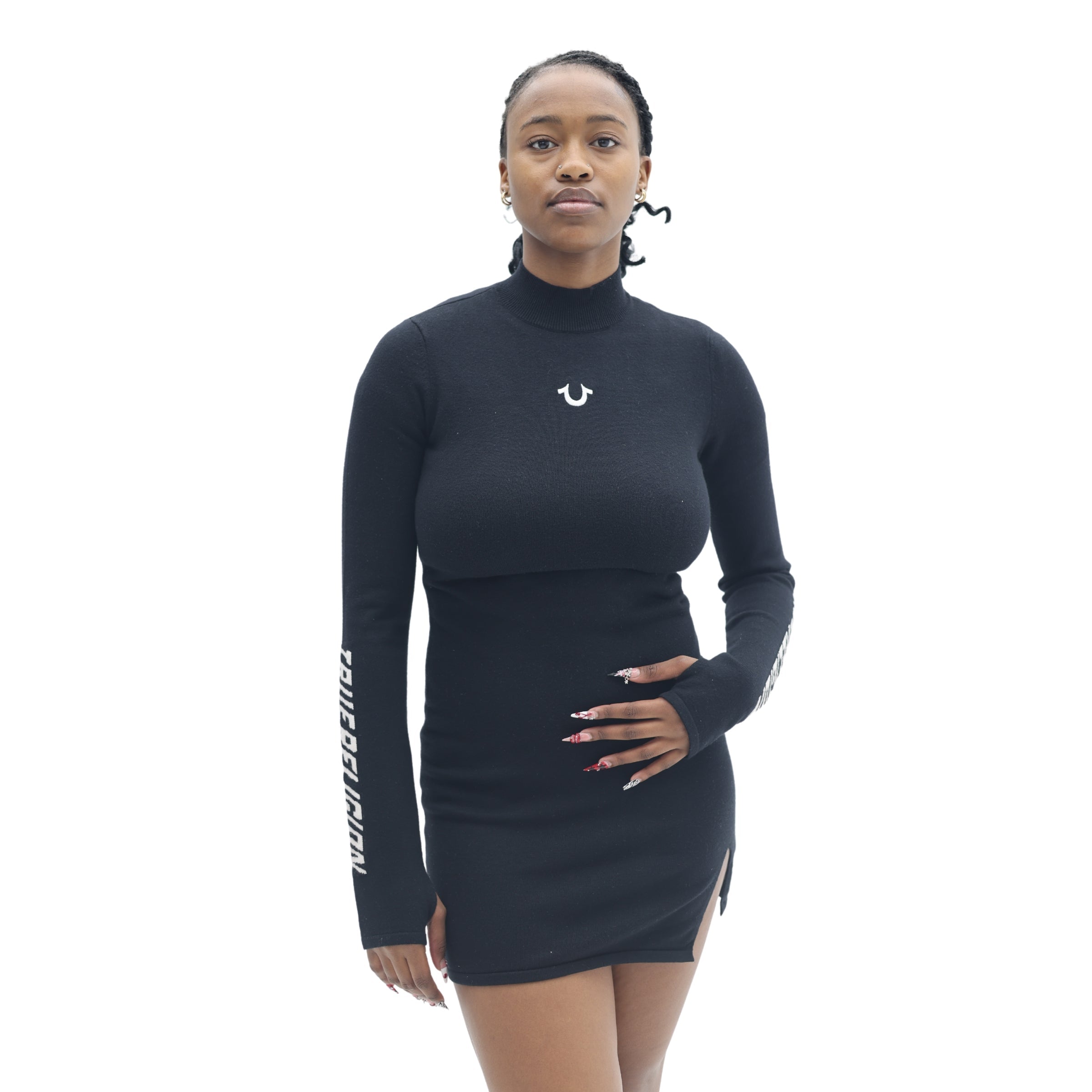 TRUE RELIGION MOTO BRANDED SWEATER DRESS JET BLACK
