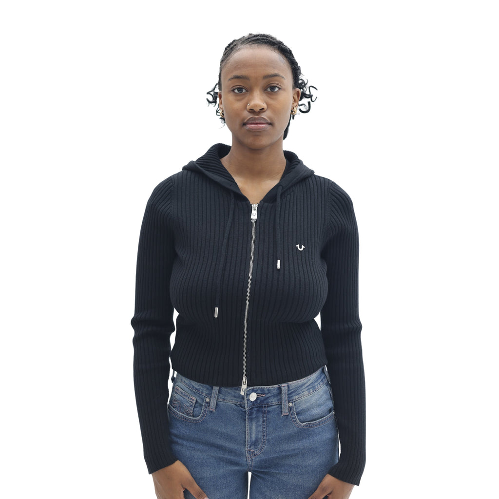 TRUE RELIGION TWO WAY ZIP SWEATER HOODIE JET BLACK