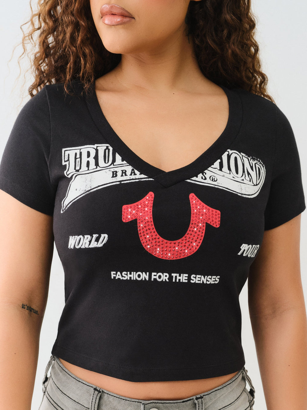 True Religion Crysl Hs V Neck Bby Tee Jet Black