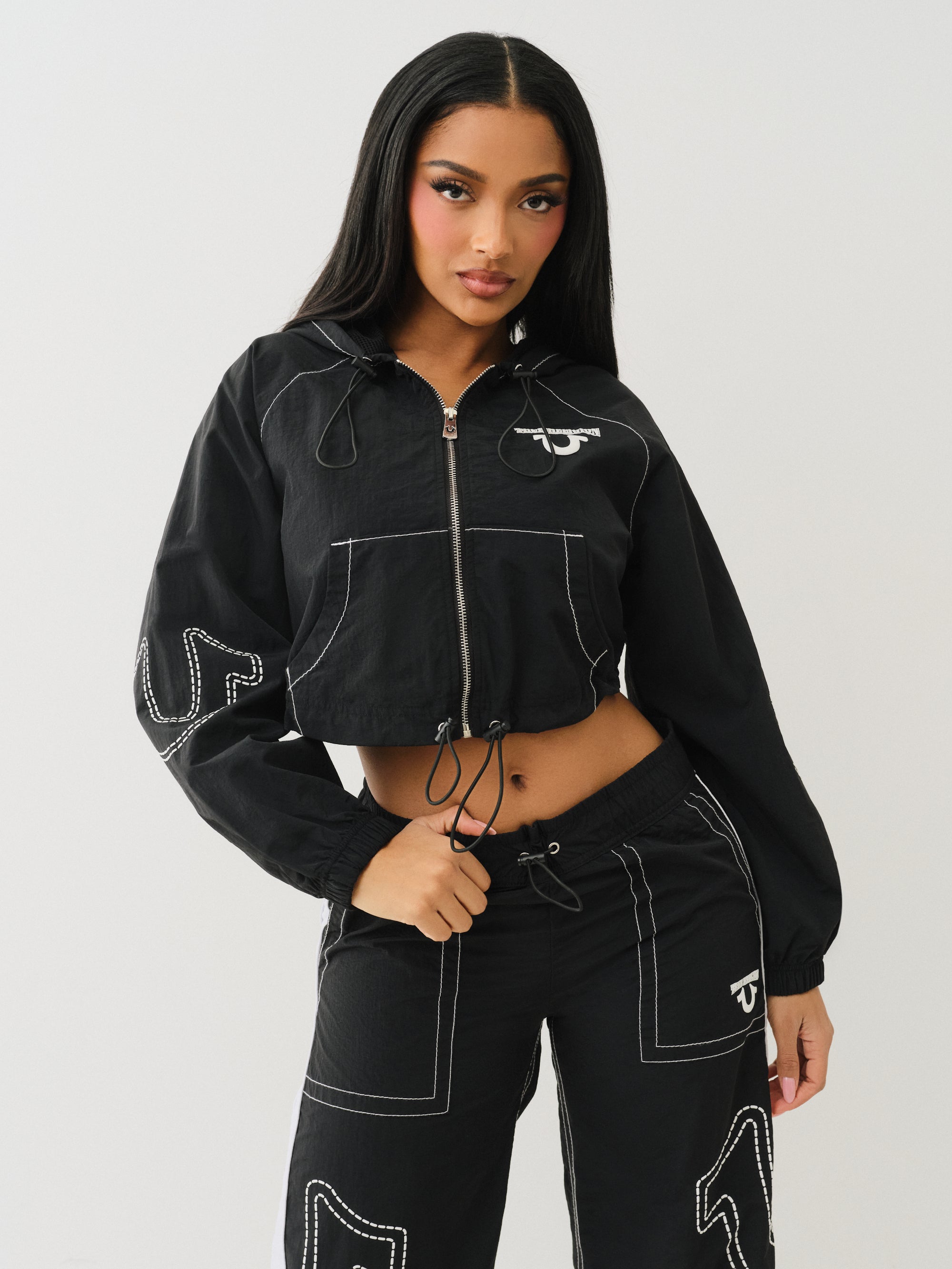 True Religion Big T Nylon Shrunkn Zip Hoodie Jet Black