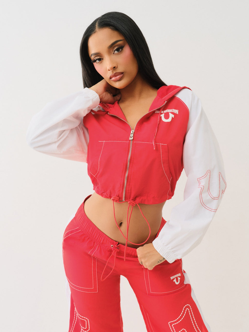 True Religion Big T Nylon Shrunkn Zip Hoodie Flame Scarlet-Optic White