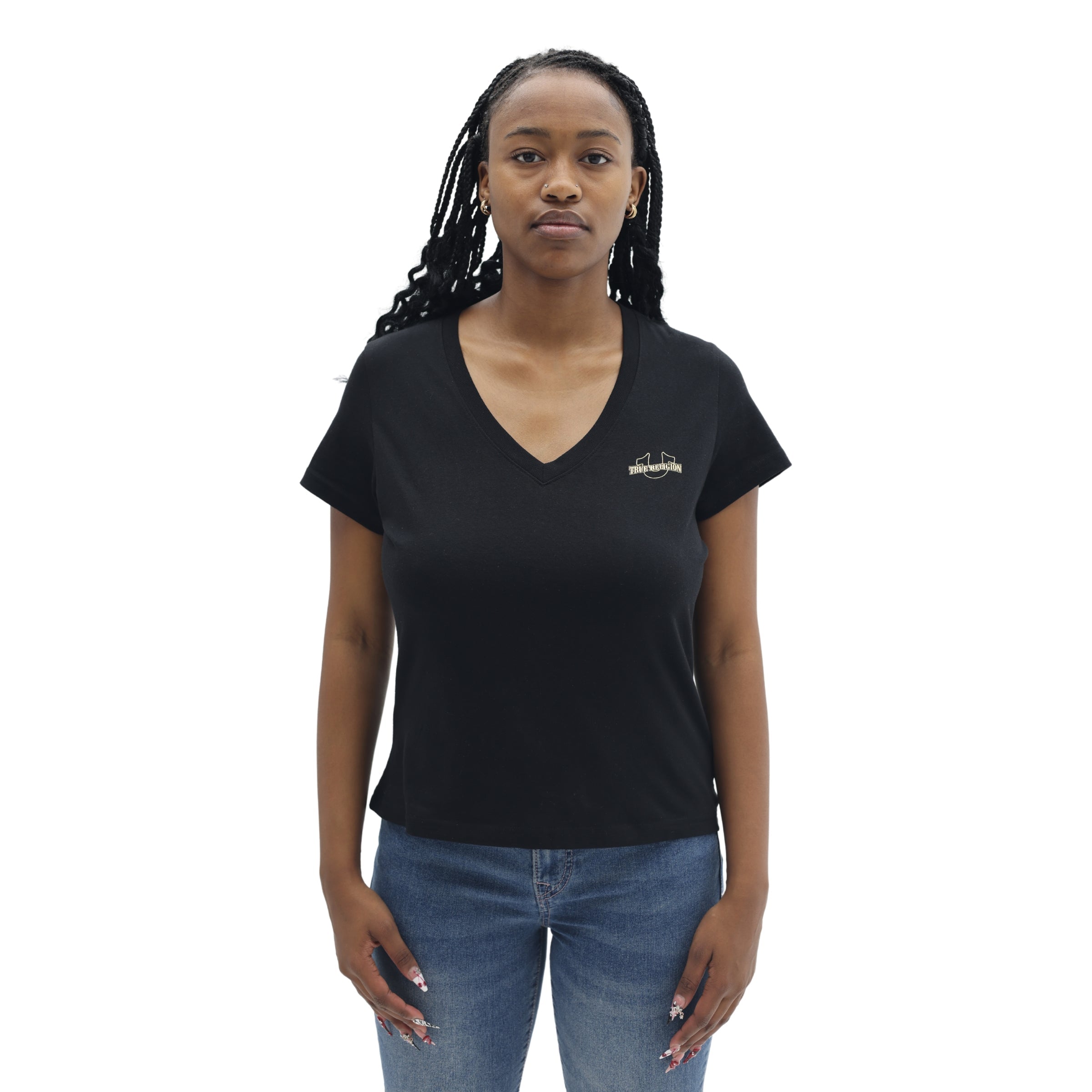 TRUE RELIGION FOIL HS V NECK TEE JET BLACK