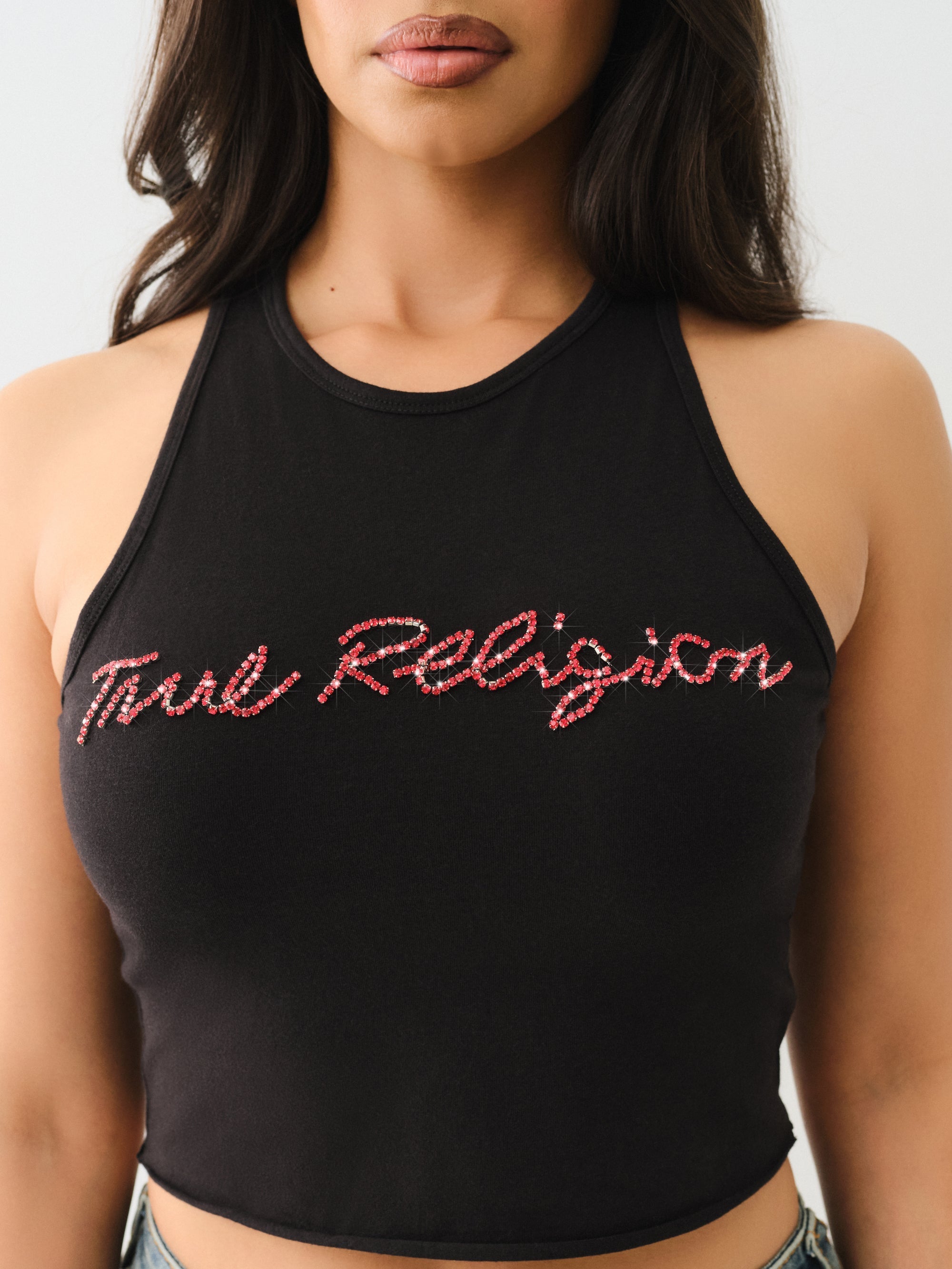 True Religion Crystal Tr Crop Tank Jet Black
