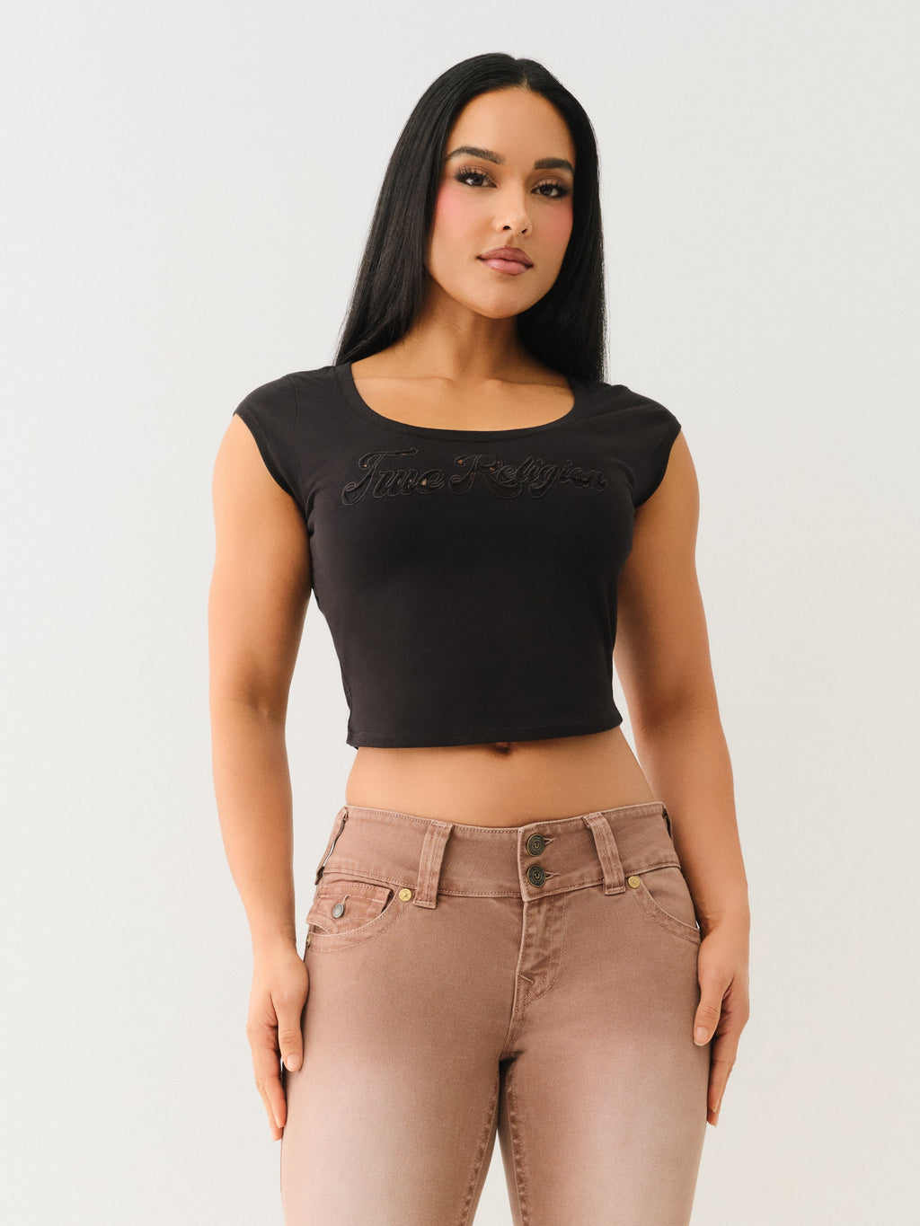 True Religion Lace Cap Scoop Neck Tee Jet Black