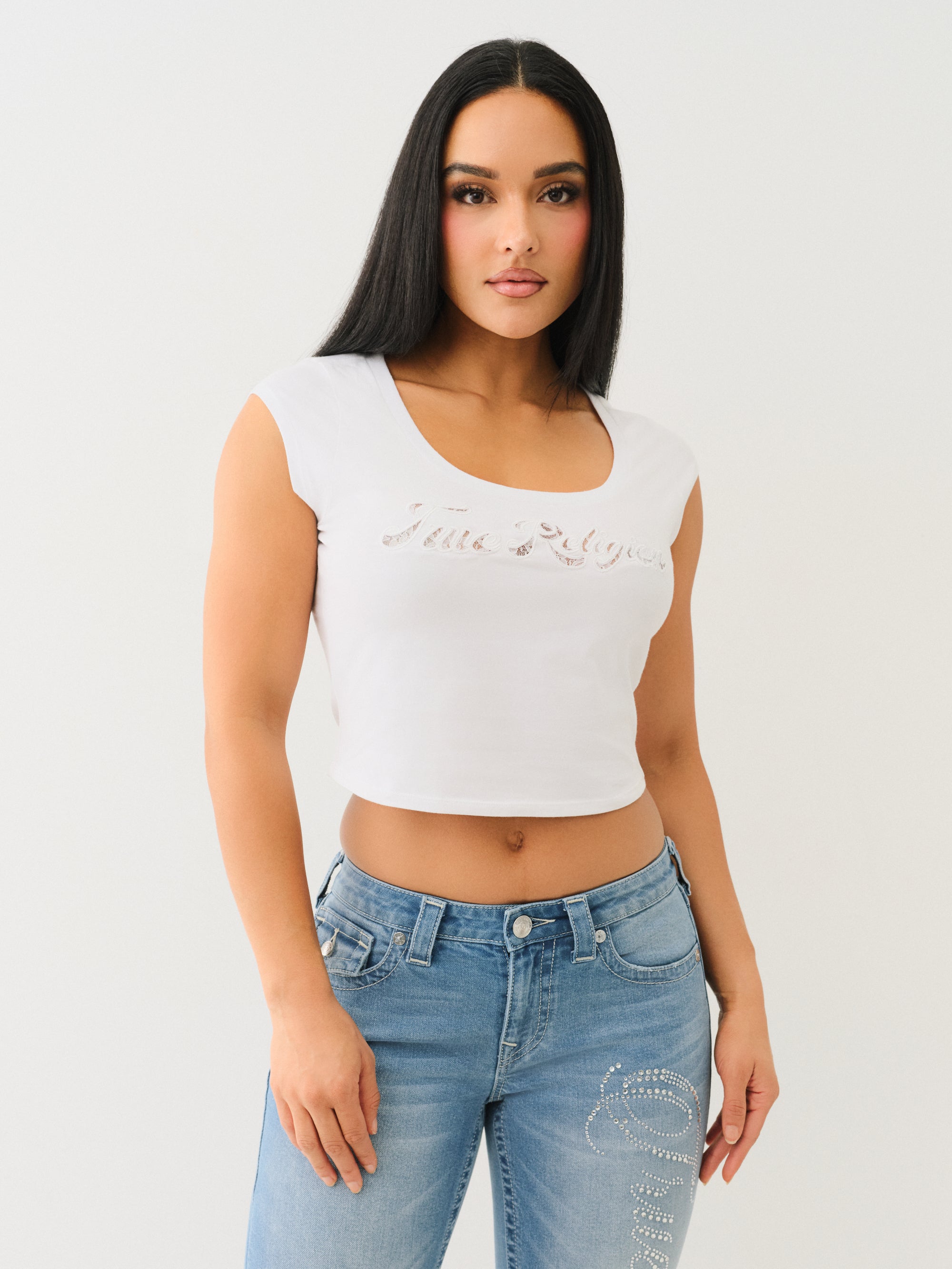 True Religion Lace Cap Scoop Neck Tee Optic White