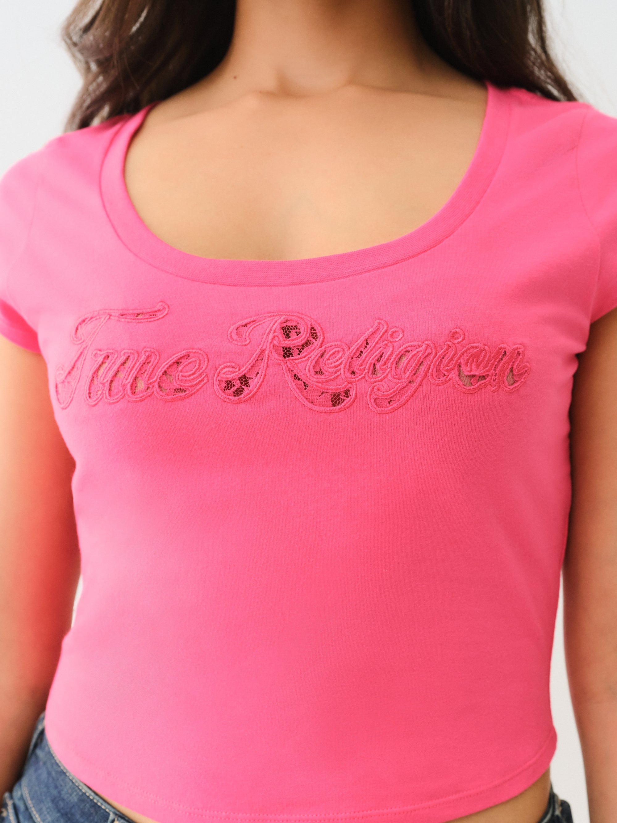 True Religion Lace Cap Scoop Neck Tee Raspberry