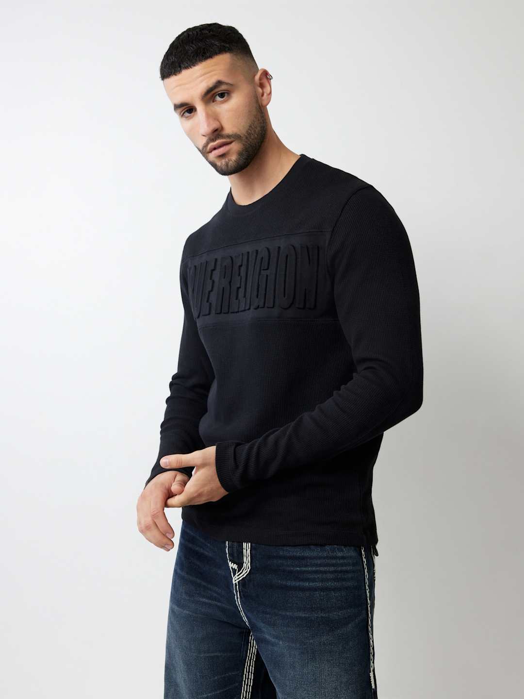 True Religion Crew Embossed LS Thermal Jet Black