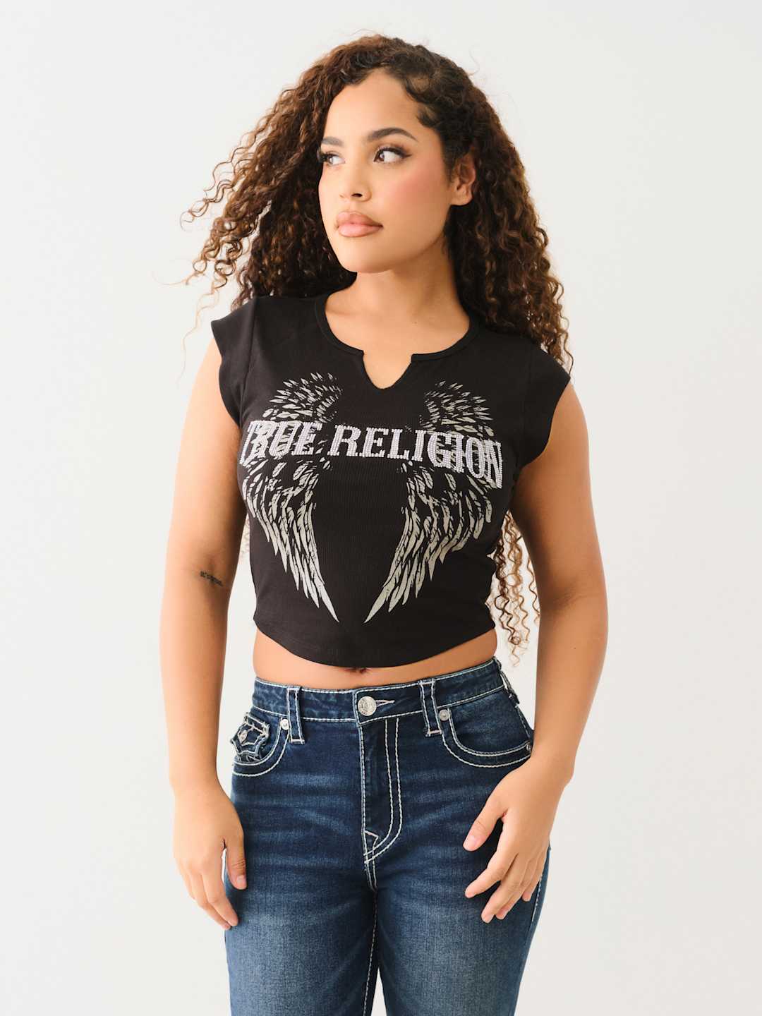 True Religion Crew Crystal Wing HS V Notch Tee Jet Black
