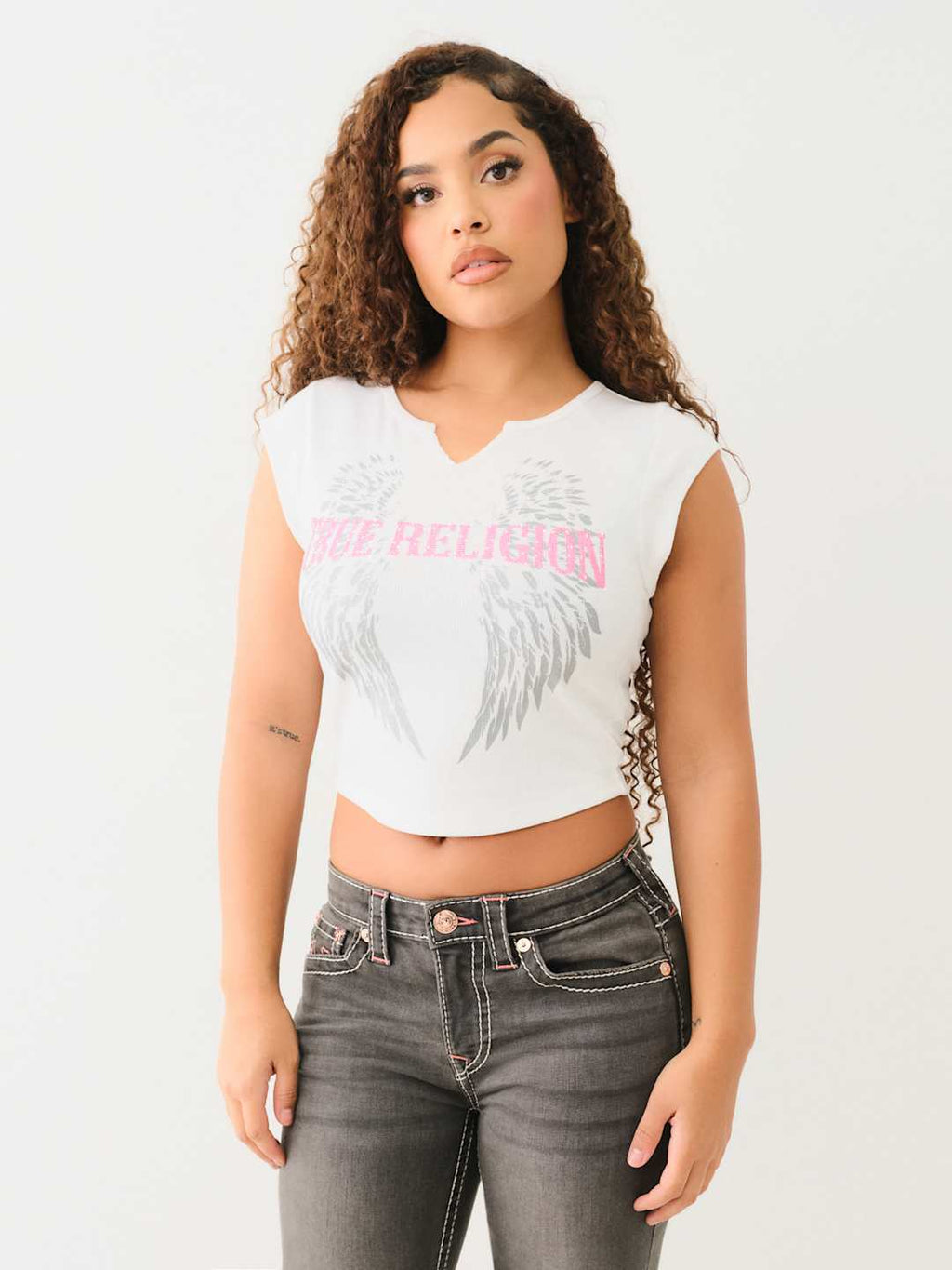 True Religion Crew Crystal Wing HS V Notch Tee Optic White
