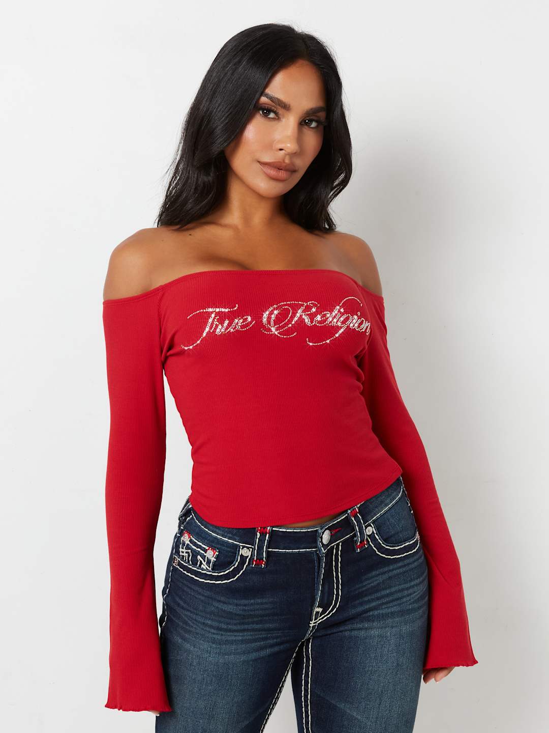 True Religion Crew Off The Shoulder Rib Top Apple Red