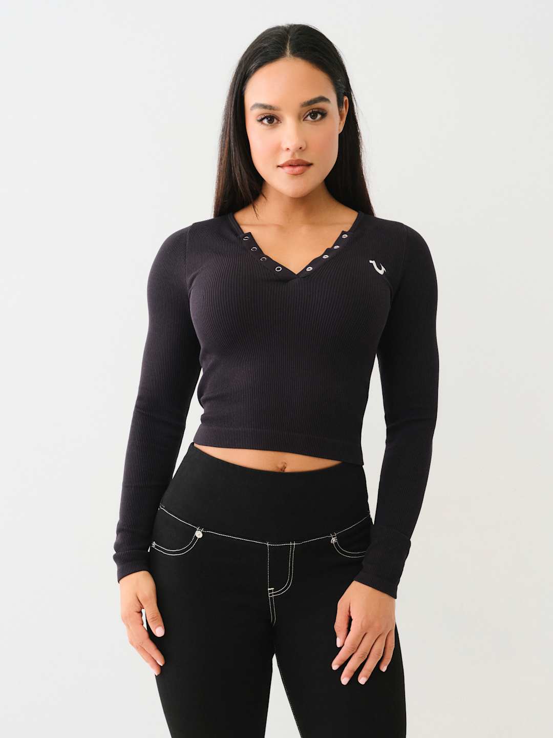 True Religion Crew Seamless Henley LS Top Jet Black