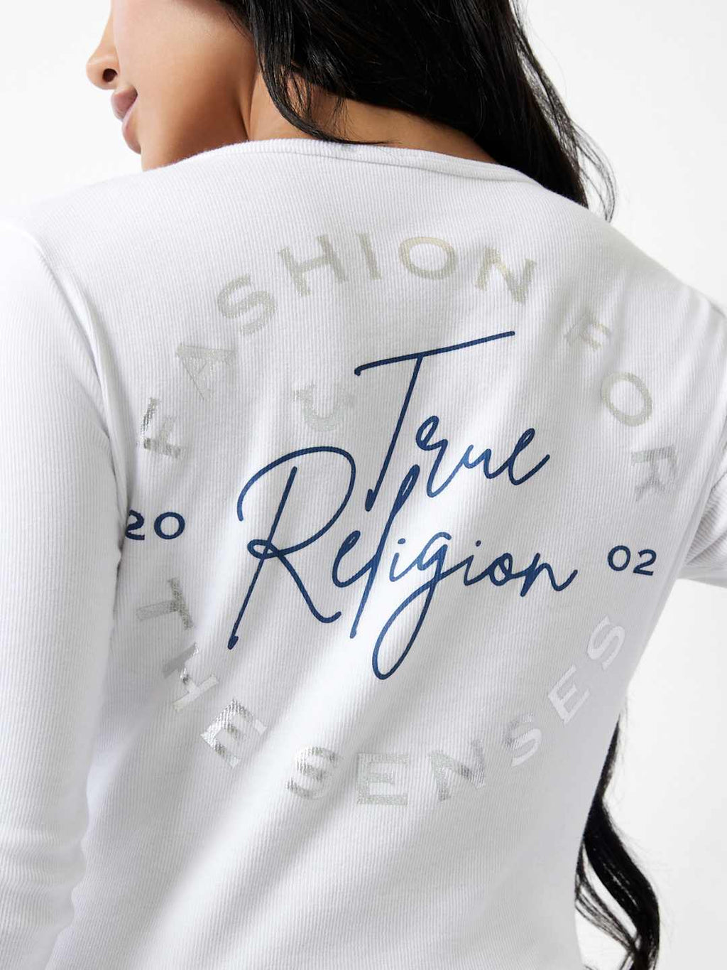 True Religion Crew LS Rib Raw Henley Optic White