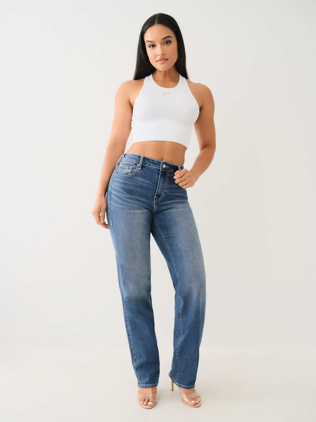 True Religion Jean Ladies Sarah SN High Rise Straight Medium Blizzard Wash